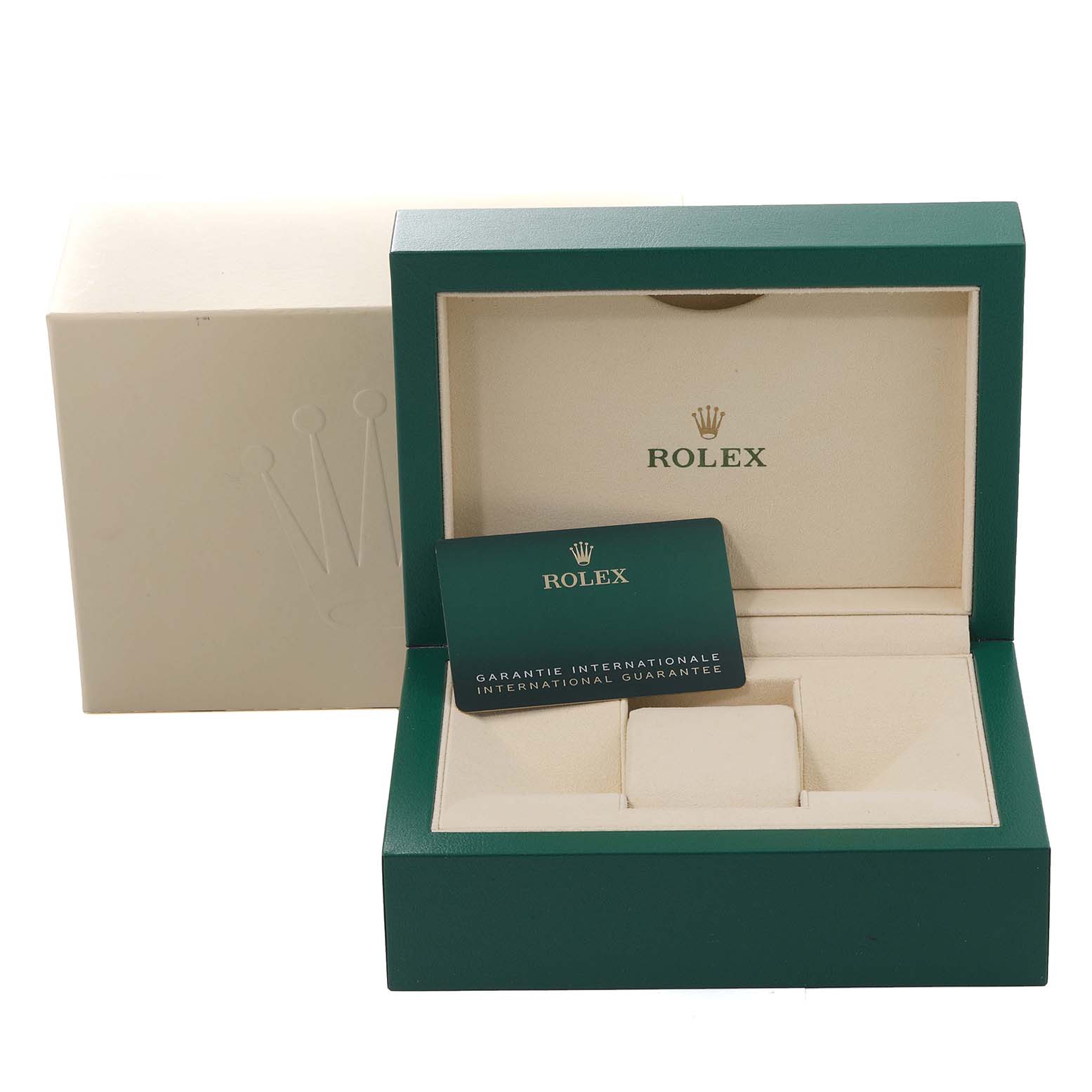 The image shows the packaging and guarantee card for a Rolex Datejust 41 126300 Men
s Stainless Steel Green Dial 126300 Men
s Stainless Steel Green Dial watch.