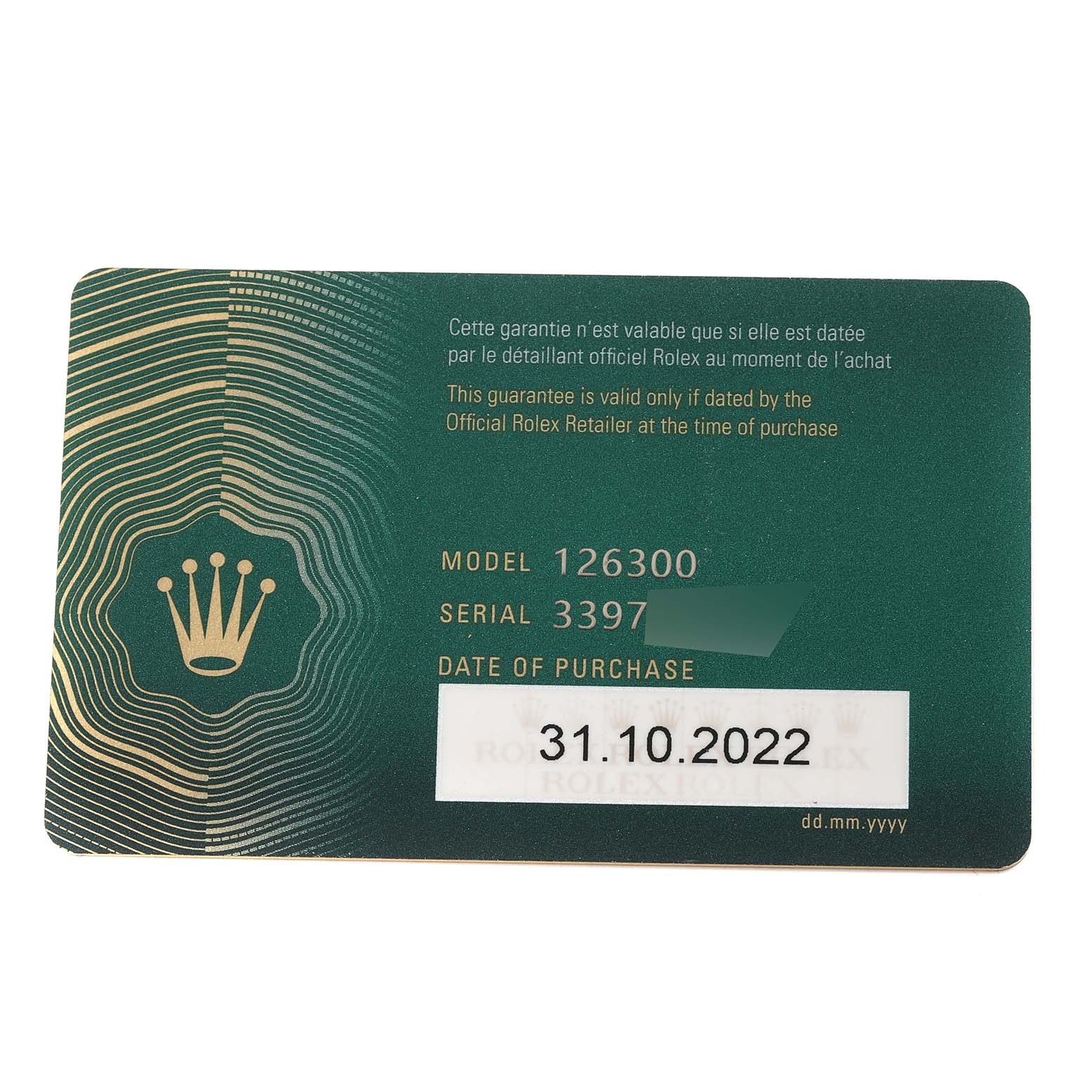 The image shows the warranty card for the Rolex Datejust 41 126300 Men
s Stainless Steel Green Dial 126300 Men
s Stainless Steel Green Dial model 126300.