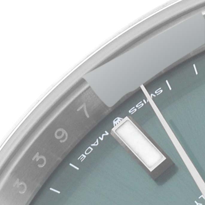 This image shows a close-up of the dial and date window of a Rolex Datejust 41 126300 Men
s Stainless Steel Green Dial 126300 Men
s Stainless Steel Green Dial watch.