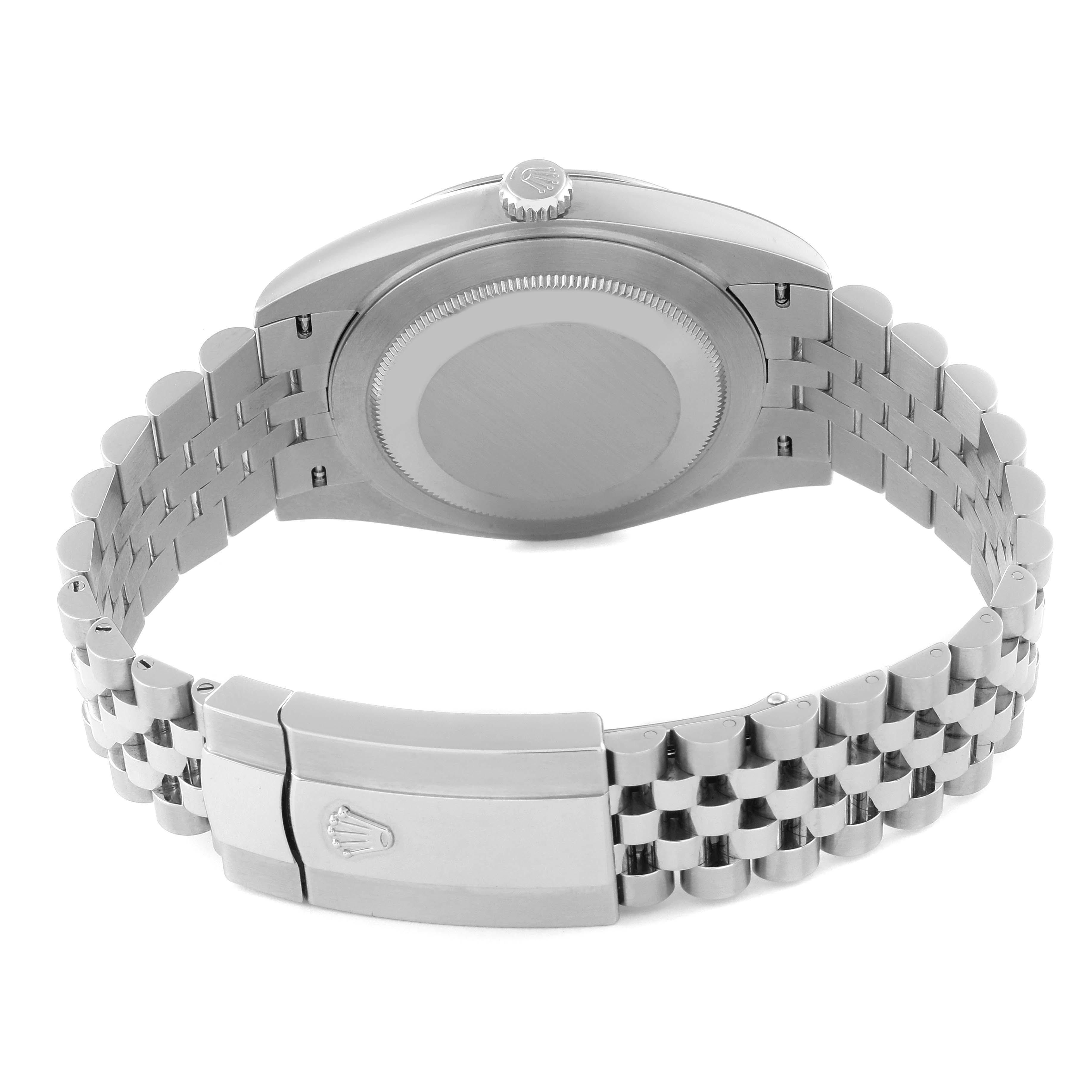 The image shows the back view of a Rolex Datejust 41 126300 Men
s Stainless Steel Green Dial 126300 Men
s Stainless Steel Green Dial, highlighting the case back, bracelet, and clasp.