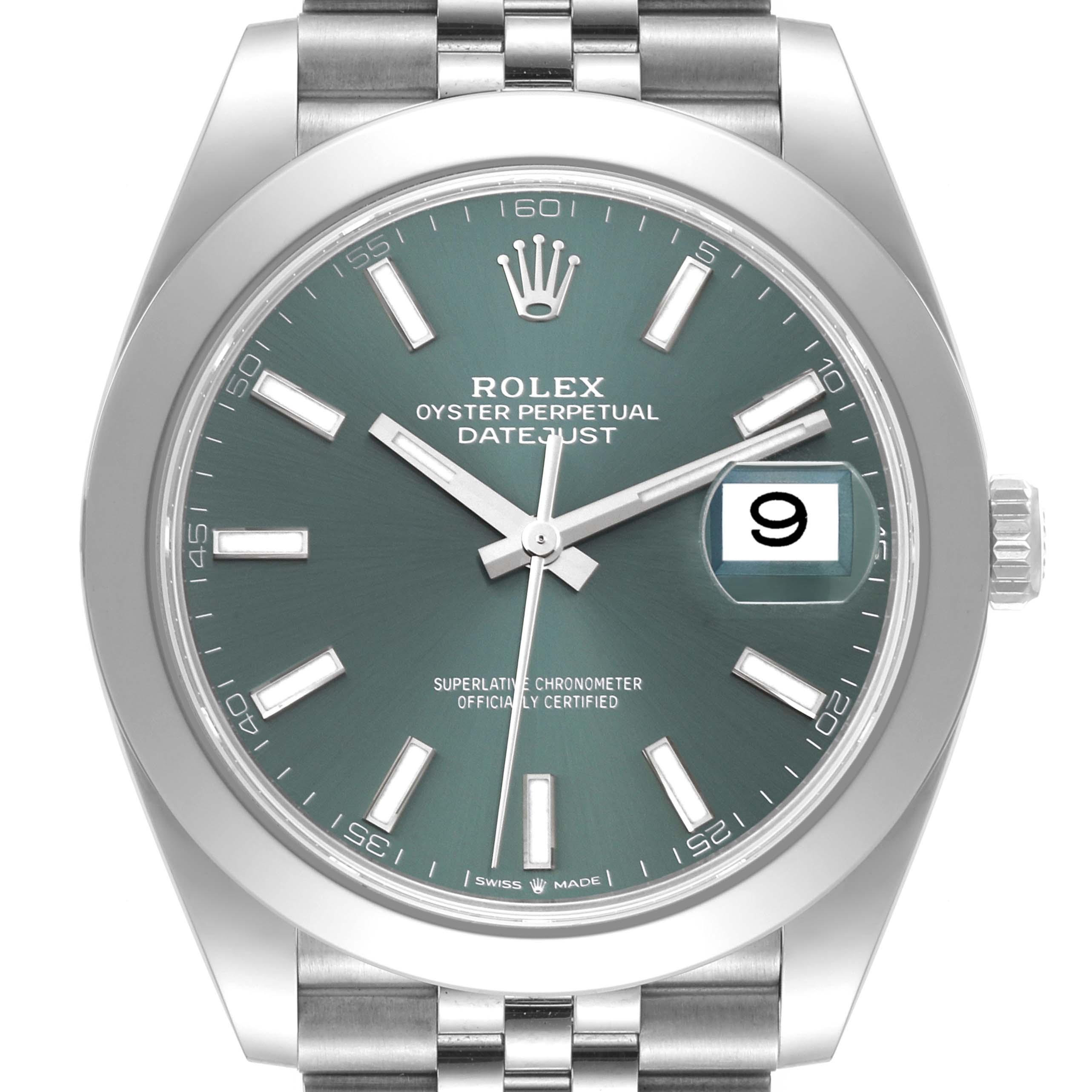 This image shows the face of a Rolex Datejust 41 126300 Men
s Stainless Steel Green Dial 126300 Men
s Stainless Steel Green Dial, featuring the time, date window, and part of the stainless steel bracelet.