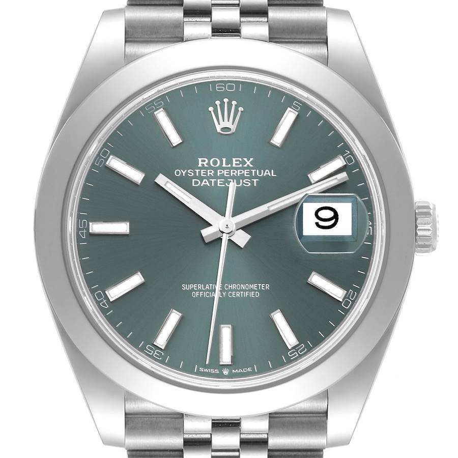 Rolex Datejust 41 Mint Green Dial Smooth Bezel Steel Mens Watch 126300 Unworn SwissWatchExpo