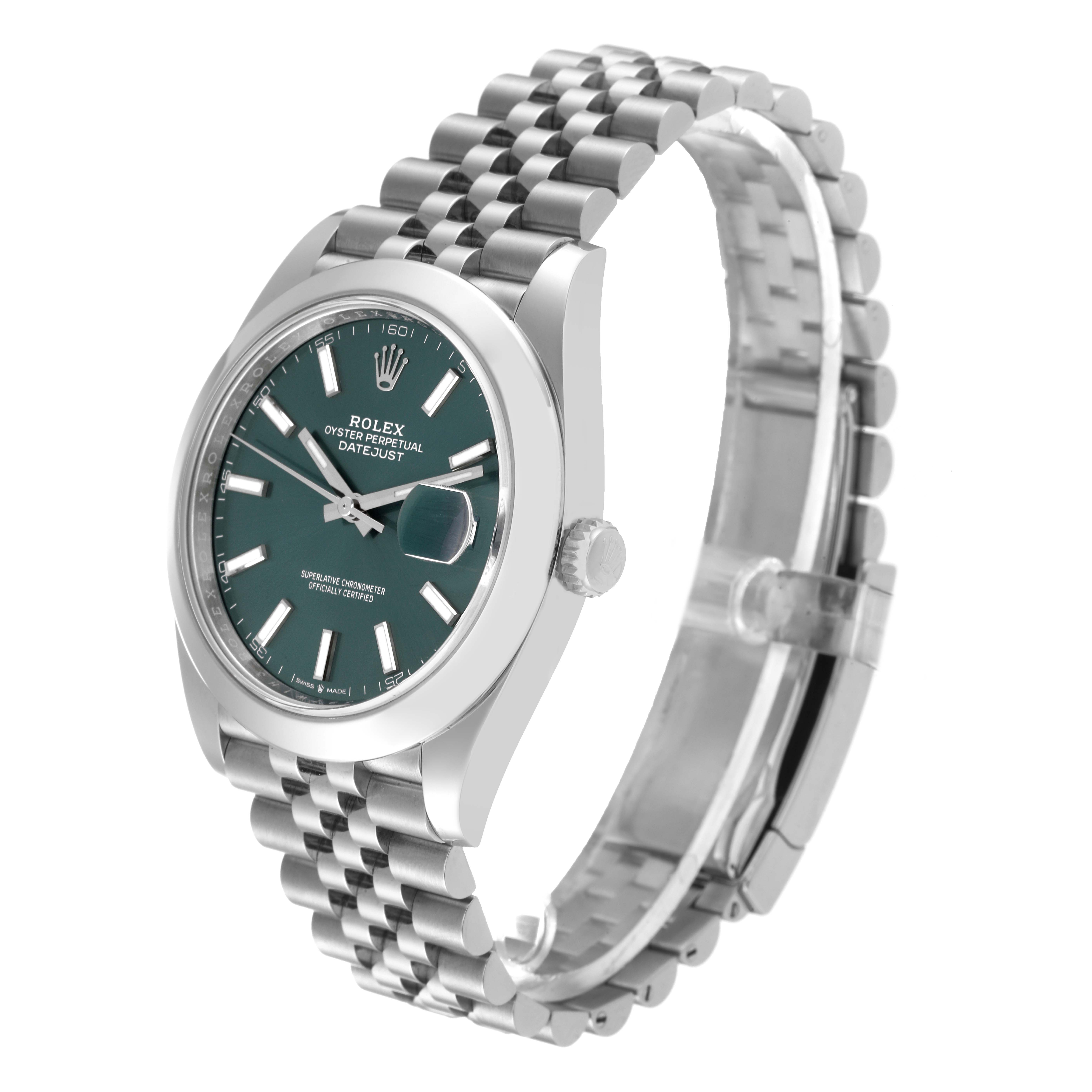 The image shows a side and front view of the Rolex Datejust 41 126300 Men
s Stainless Steel Green Dial 126300 Men
s Stainless Steel Green Dial watch, highlighting its dial, bezel, and stainless steel bracelet.
