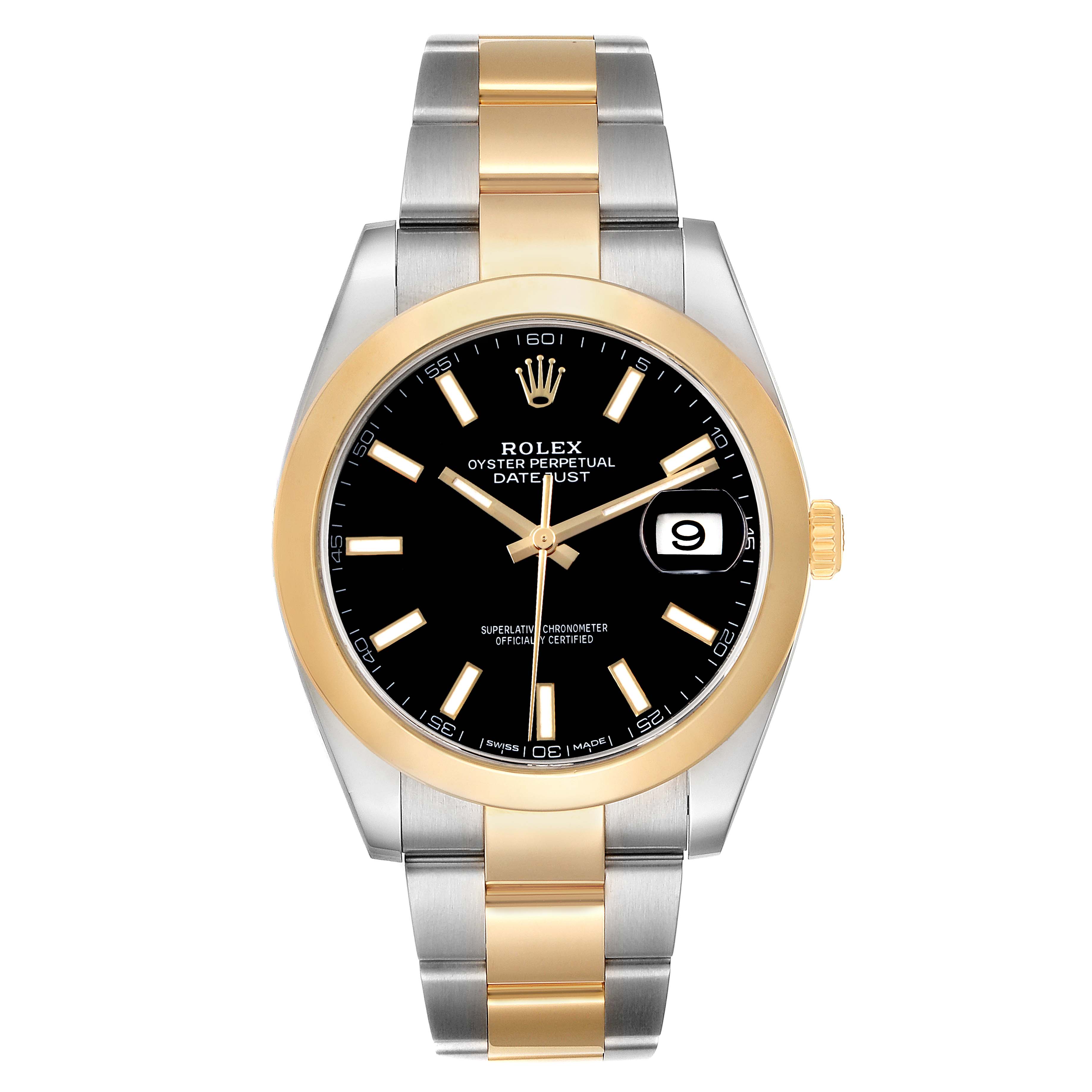 The Rolex Datejust 41 126303 Men's Steel and Gold (two tone) Black Dial is shown from the front, displaying the face, bezel, and bracelet fully.