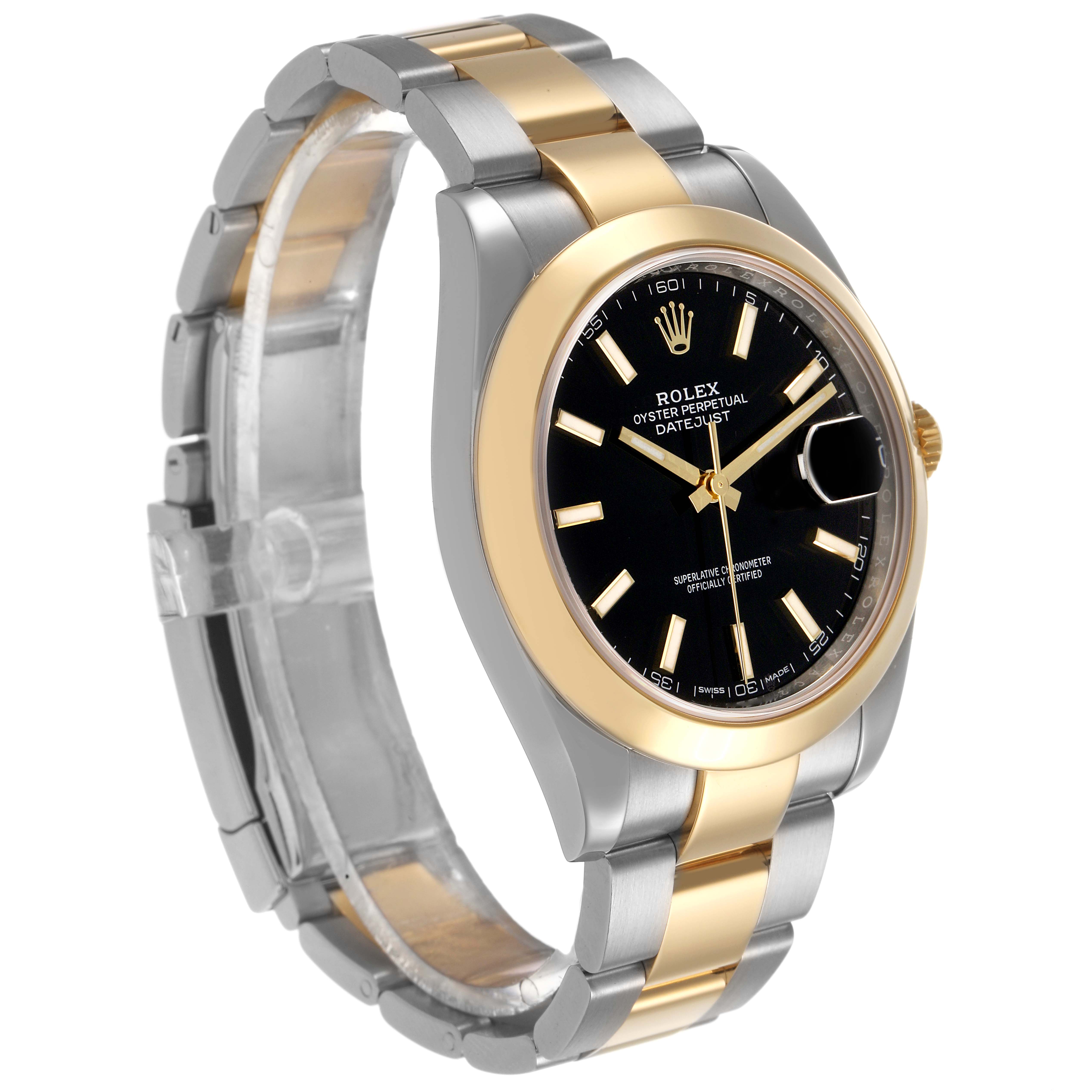 The Rolex Datejust 41 126303 Men's Steel and Gold (two tone) Black Dial is shown in a three-quarter angle, highlighting the black dial, gold bezel, and two-tone bracelet.