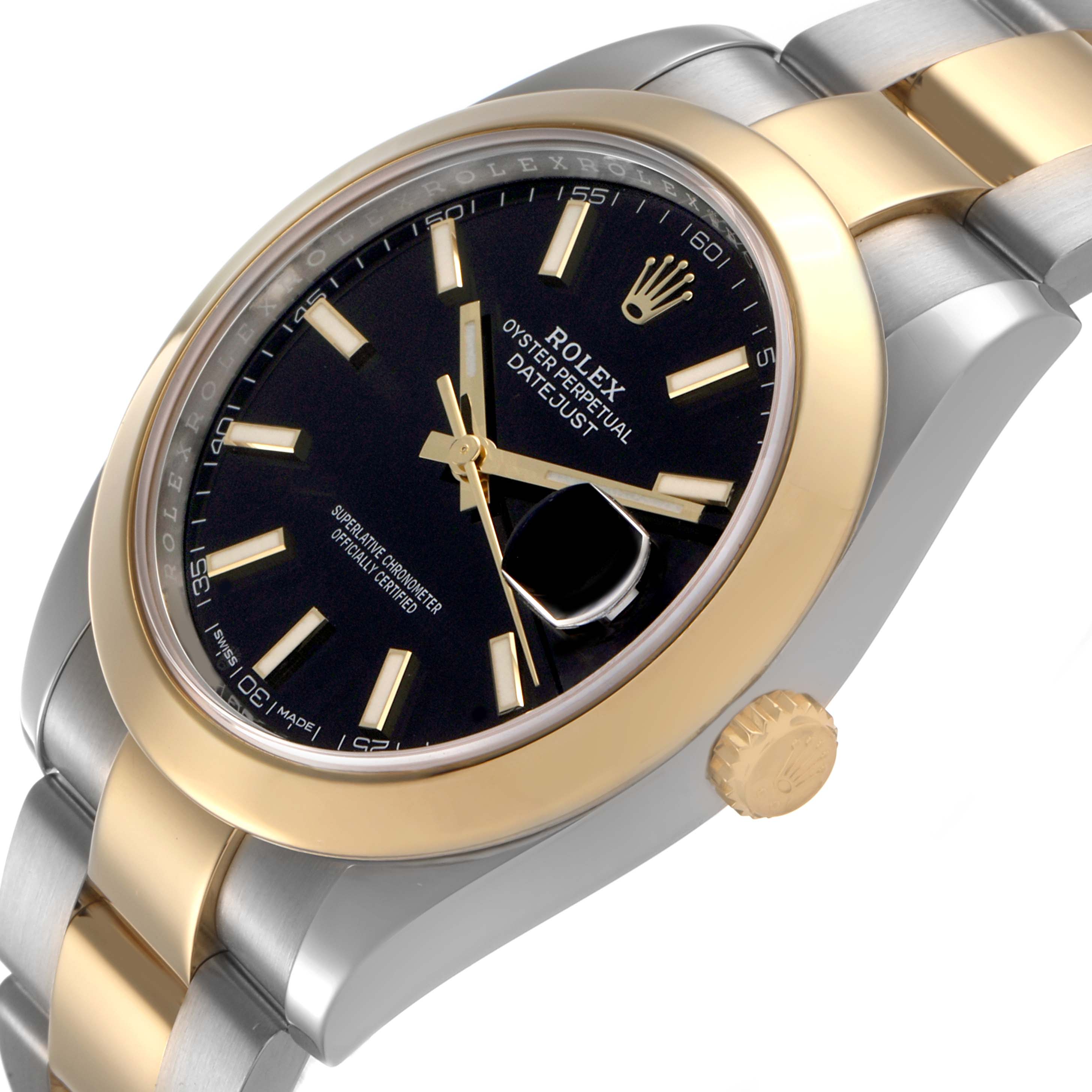 The Rolex Datejust 41 126303 Men's Steel and Gold (two tone) Black Dial is shown at a slight angle displaying the dial, bezel, crown, and part of the bracelet.