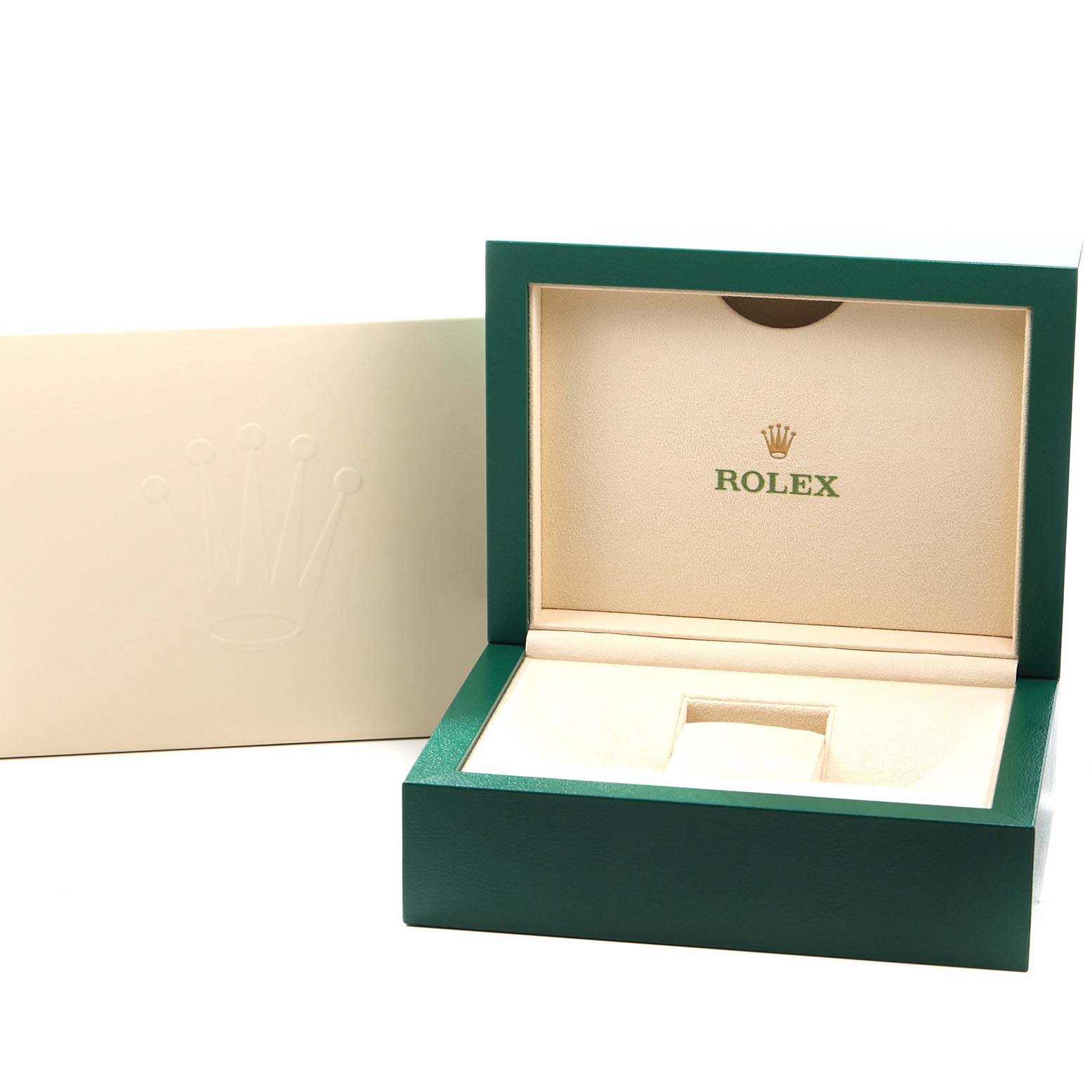 The image shows an open green Rolex box for the Datejust 41 model, featuring the logo and space for the watch.