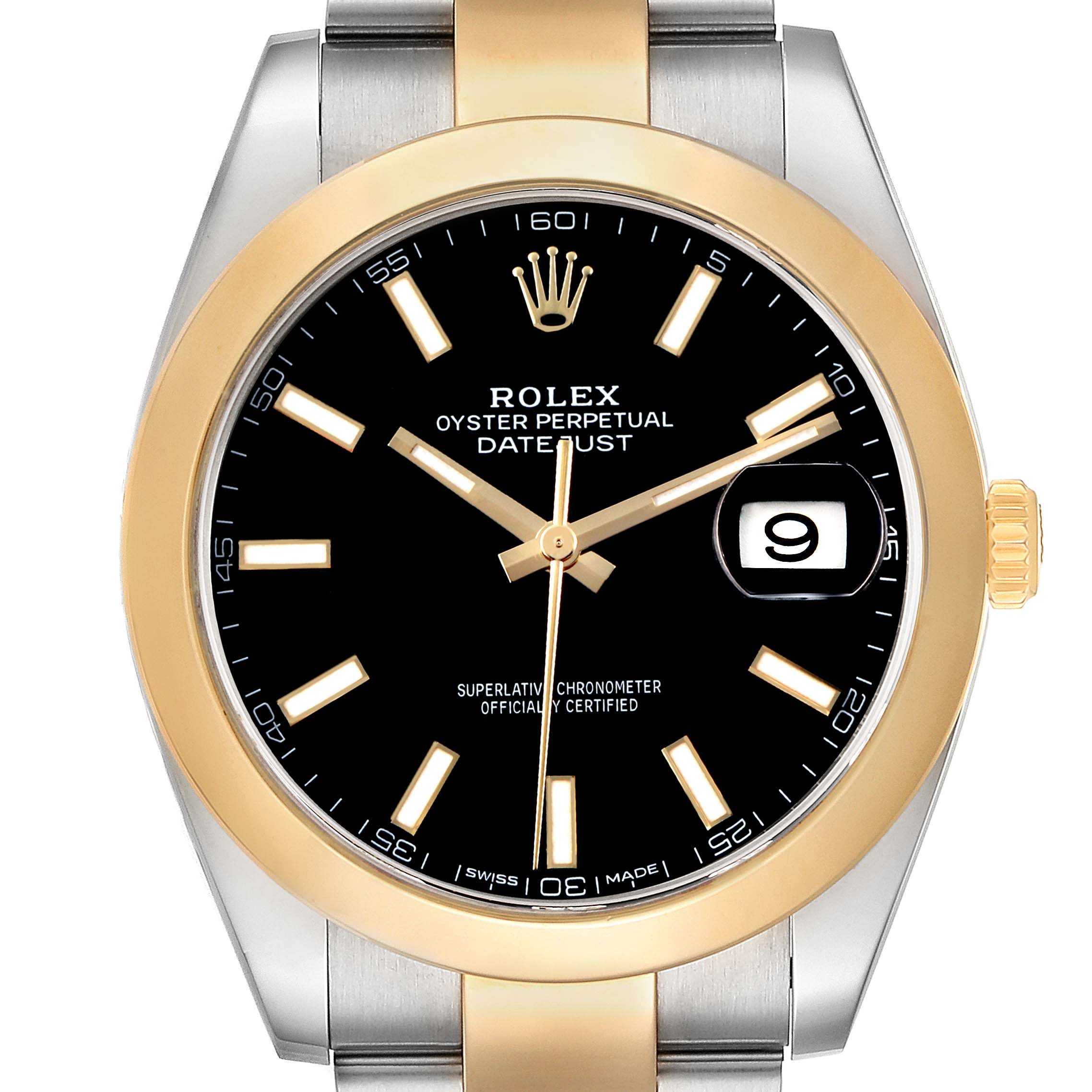 The Rolex Datejust 41 126303 Men's Steel and Gold (two tone) Black Dial is shown from a front angle, highlighting the black dial, gold bezel, and two-tone bracelet.
