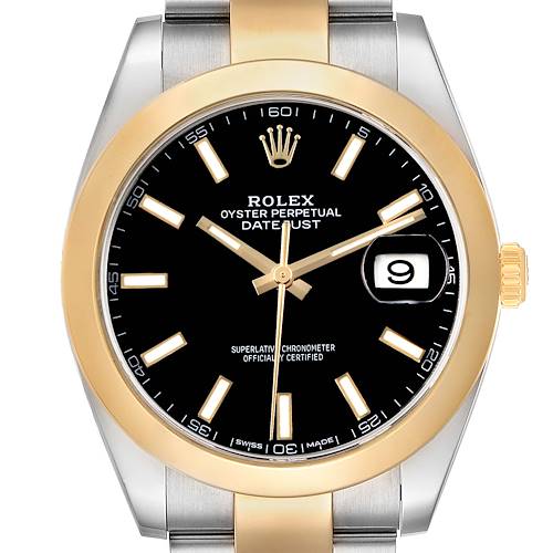 The Rolex Datejust 41 126303 Men's Steel and Gold (two tone) Black Dial is shown from a front angle, displaying the black dial, gold bezel, and bracelet with a date window.