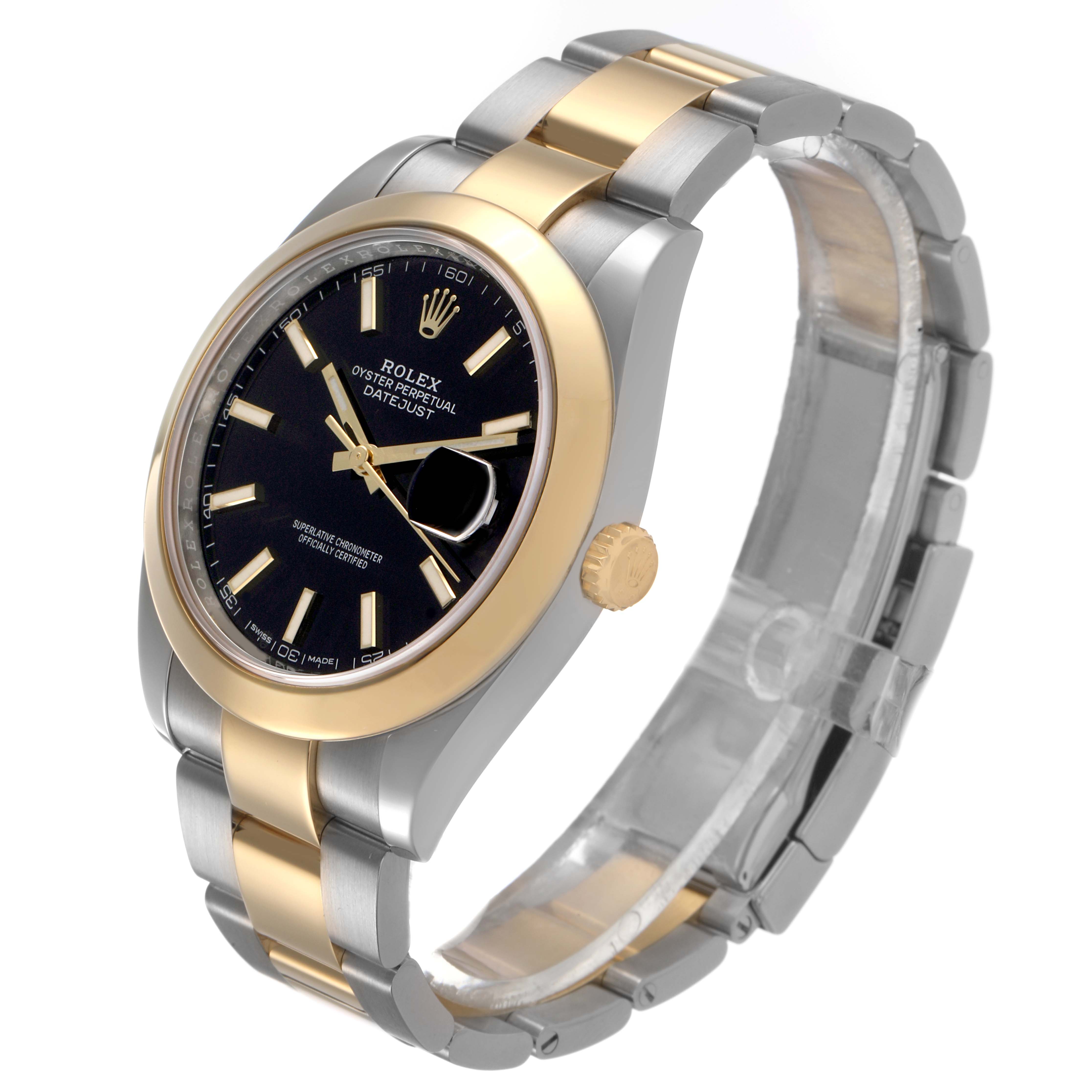 The Rolex Datejust 41 126303 Men's Steel and Gold (two tone) Black Dial is shown at a three-quarter angle highlighting the two-tone bracelet and gold bezel.
