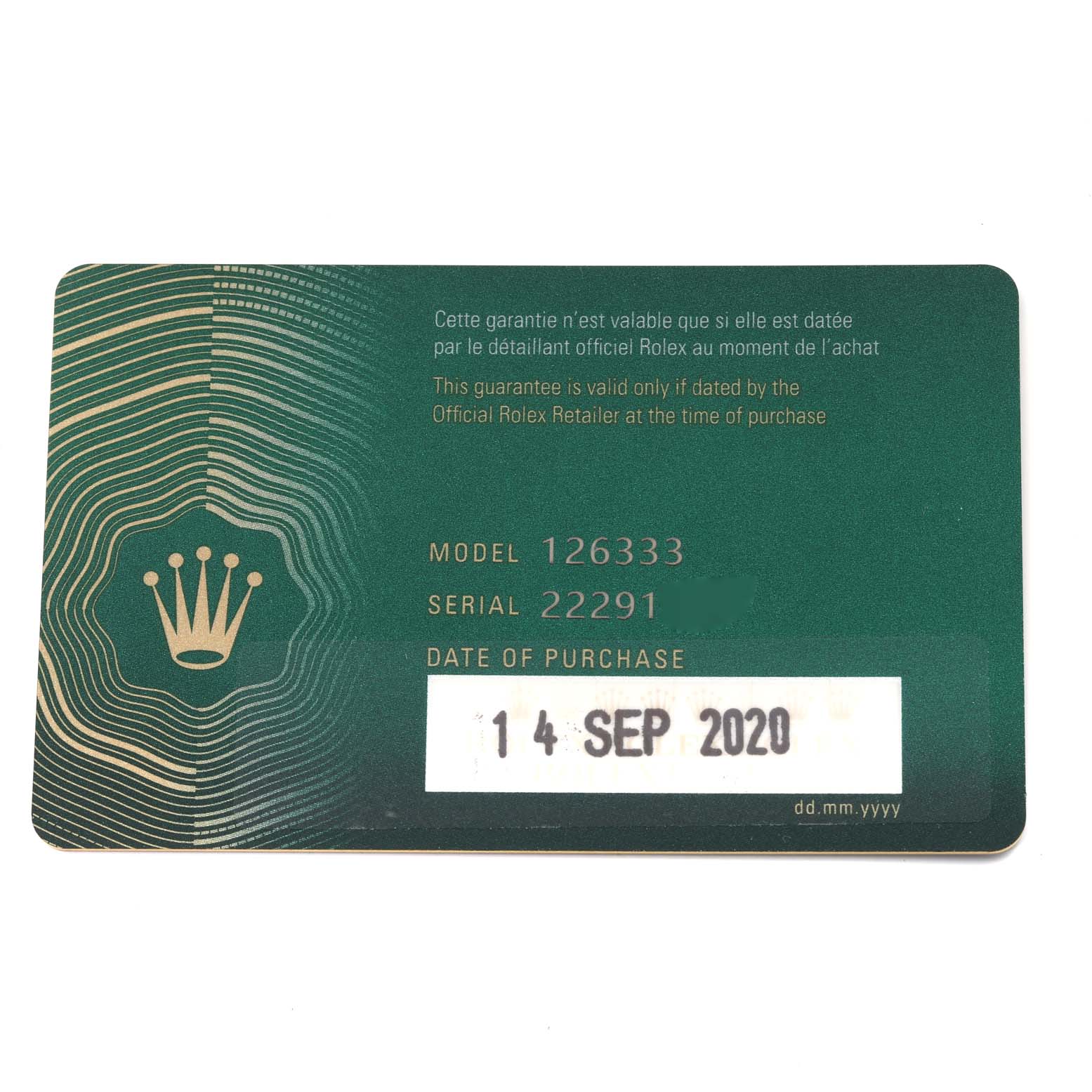 This is a warranty card for the Rolex Datejust 41 126333 Men's Steel and Gold (two tone) Black Dial 126333 Men's Steel and Gold (two tone) Black Dial model 126333, showing the serial number and purchase date.