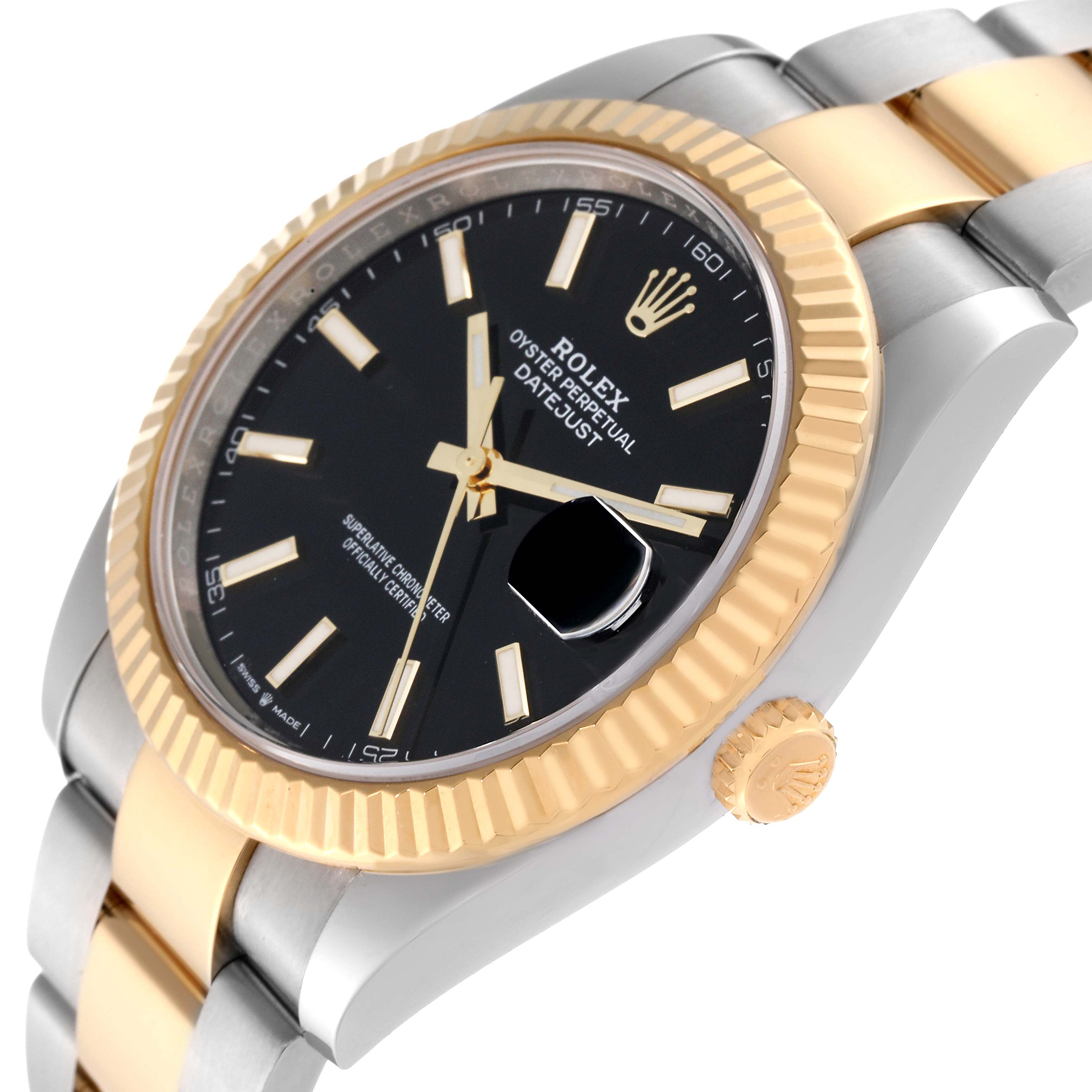 The image shows a close-up angled view of the Rolex Datejust 41 126333 Men's Steel and Gold (two tone) Black Dial 126333 Men's Steel and Gold (two tone) Black Dial watch, highlighting its black dial, gold fluted bezel, and two-tone bracelet.