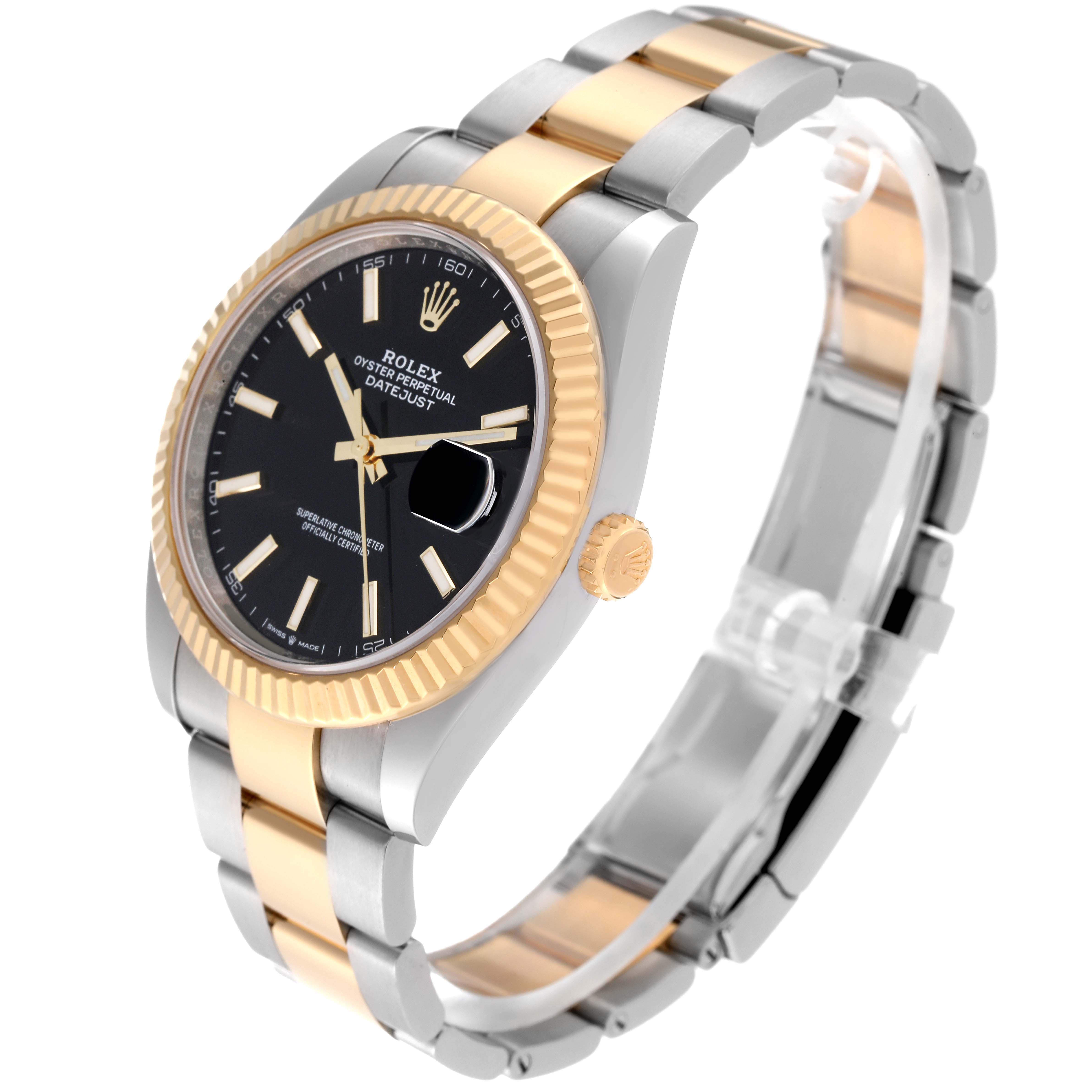 The Rolex Datejust 41 126333 Men's Steel and Gold (two tone) Black Dial 126333 Men's Steel and Gold (two tone) Black Dial watch is shown at a slight angle, displaying its two-tone bracelet, fluted bezel, black dial, and date window.