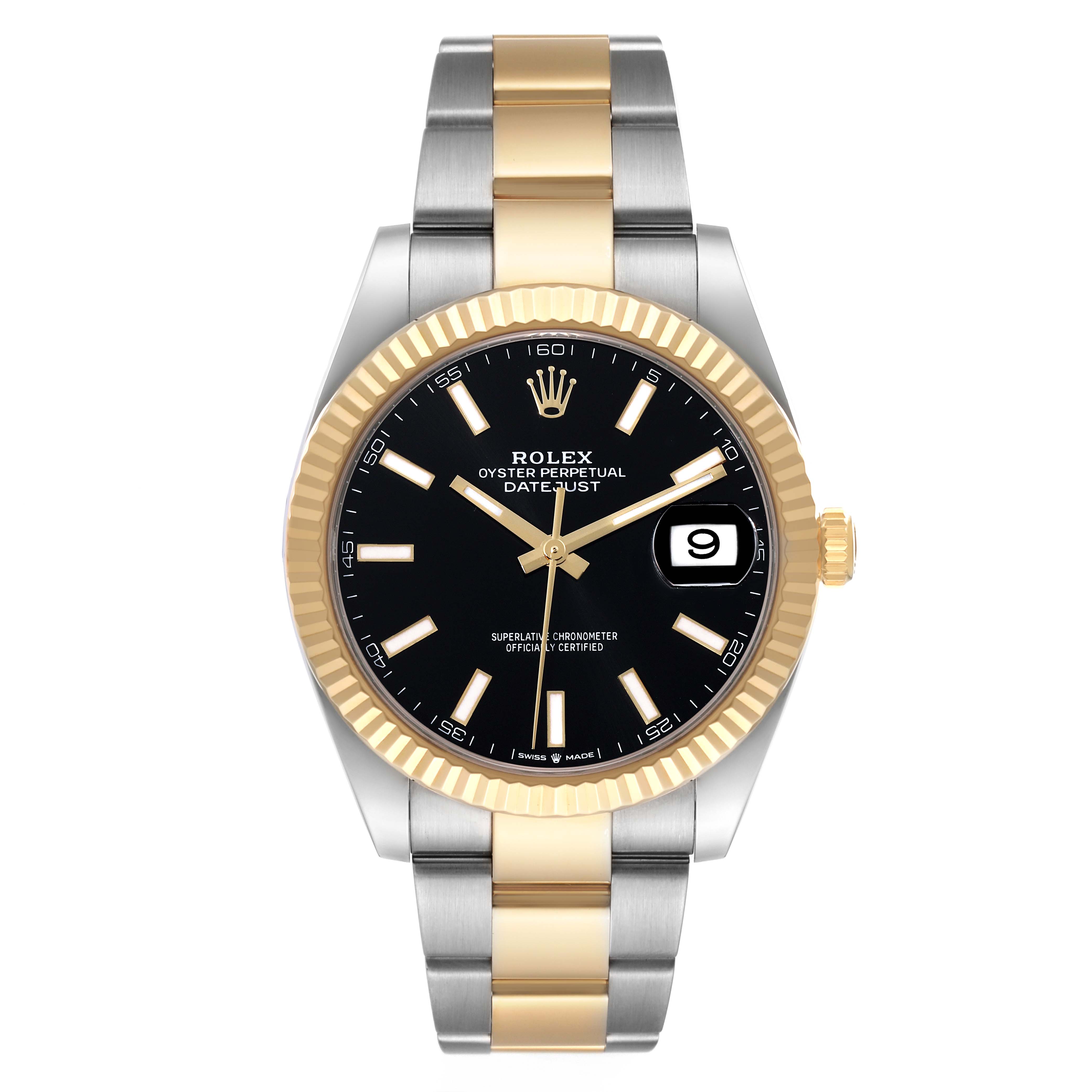 The Rolex Datejust 41 126333 Men's Steel and Gold (two tone) Black Dial 126333 Men's Steel and Gold (two tone) Black Dial model is shown from a front angle, displaying the dial, bezel, and bracelet.