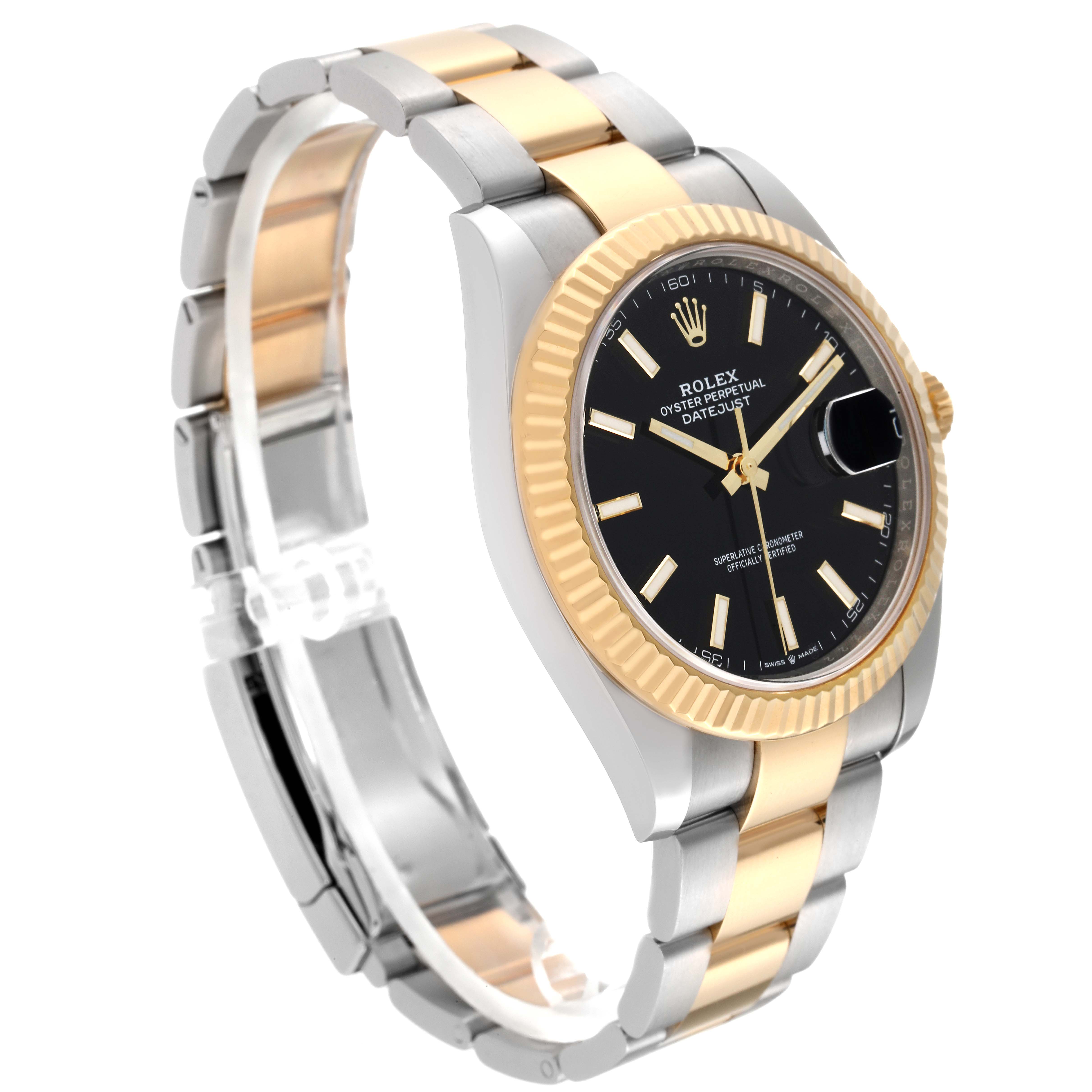 The image shows the Rolex Datejust 41 126333 Men's Steel and Gold (two tone) Black Dial 126333 Men's Steel and Gold (two tone) Black Dial, highlighting its black dial, gold bezel, and two-tone bracelet at an angled view.