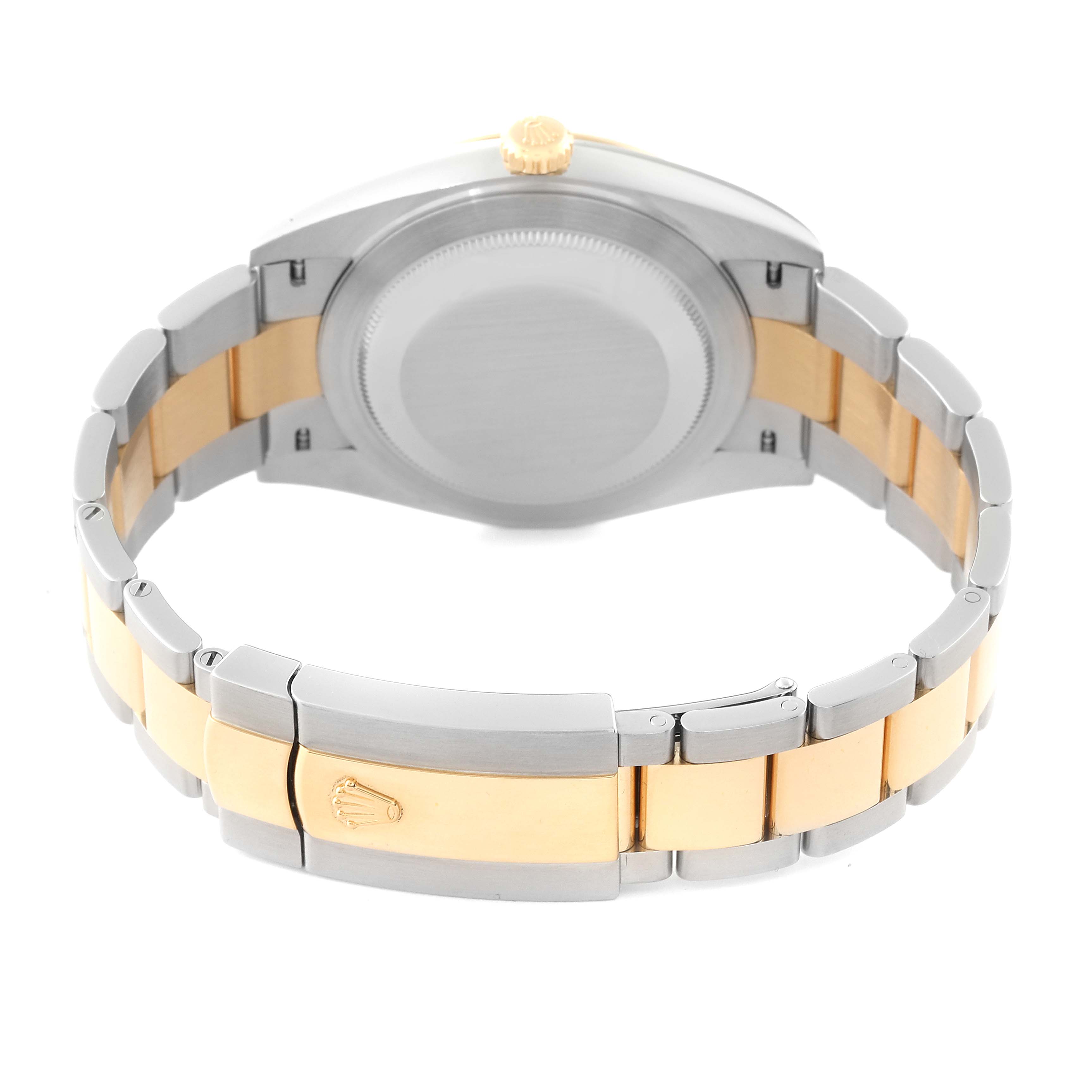 This image shows the rear view of a Rolex Datejust 41 126333 Men's Steel and Gold (two tone) Black Dial 126333 Men's Steel and Gold (two tone) Black Dial, focusing on the case back, crown, and two-tone bracelet.