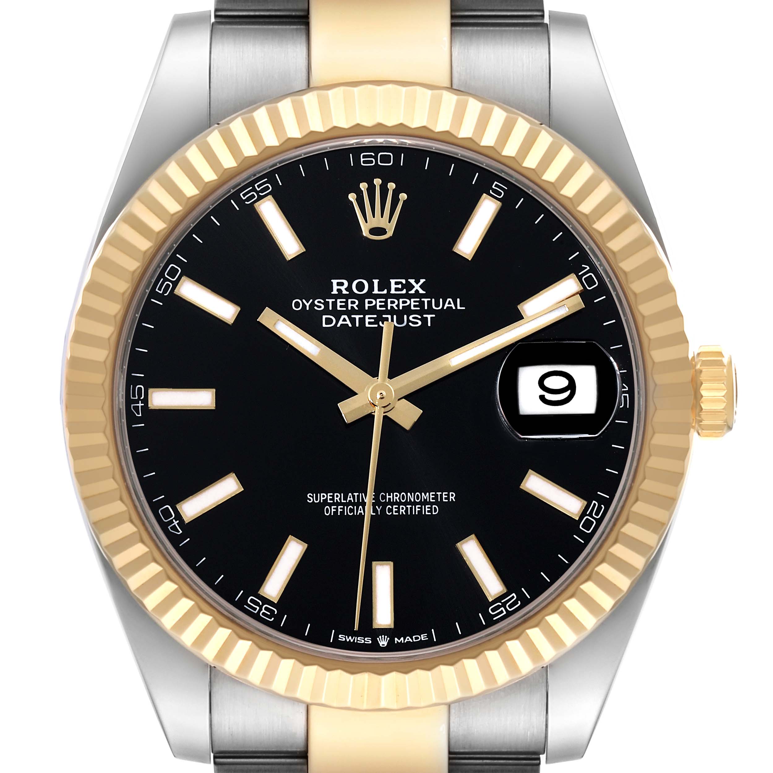 This Rolex Datejust 41 126333 Men's Steel and Gold (two tone) Black Dial 126333 Men's Steel and Gold (two tone) Black Dial model is shown from the front, displaying the dial, bezel, crown, and part of the bracelet.