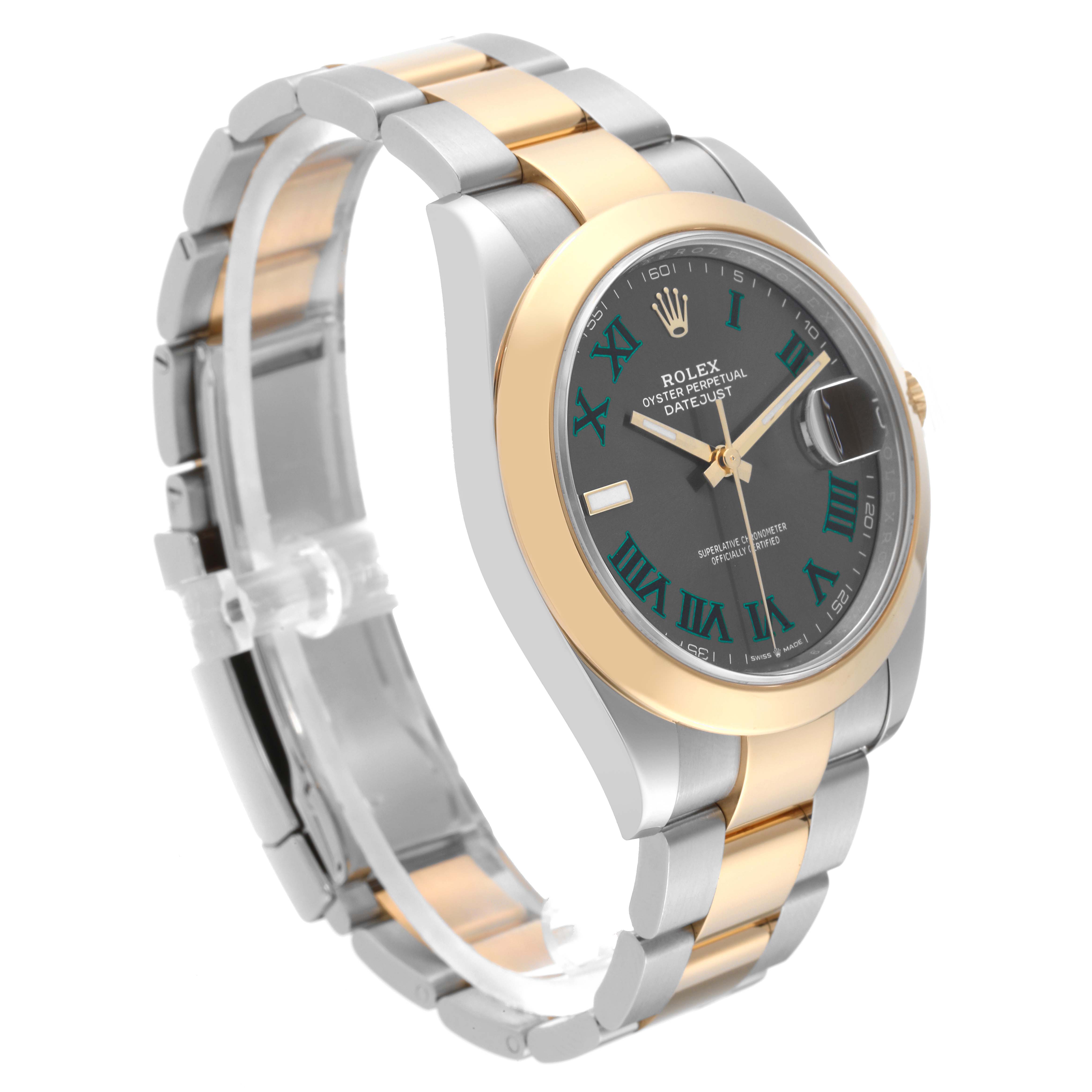 The Rolex Datejust 41 126303 Men's Steel and Gold (two tone) Grey Dial 126303 Men's Steel and Gold (two tone) Grey Dial watch is shown at a three-quarter angle, highlighting its dial, bezel, and two-tone bracelet.