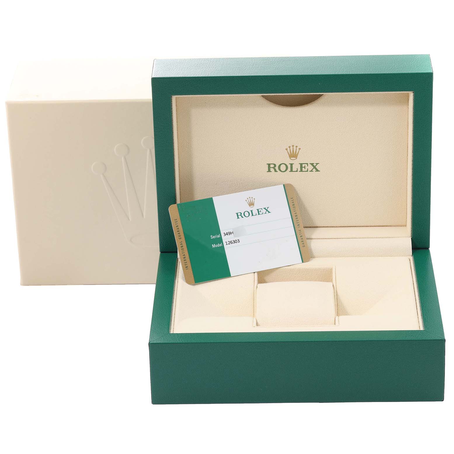 The image shows the packaging and authenticity card for a Rolex Datejust 41 126303 Men's Steel and Gold (two tone) Grey Dial 126303 Men's Steel and Gold (two tone) Grey Dial watch.
