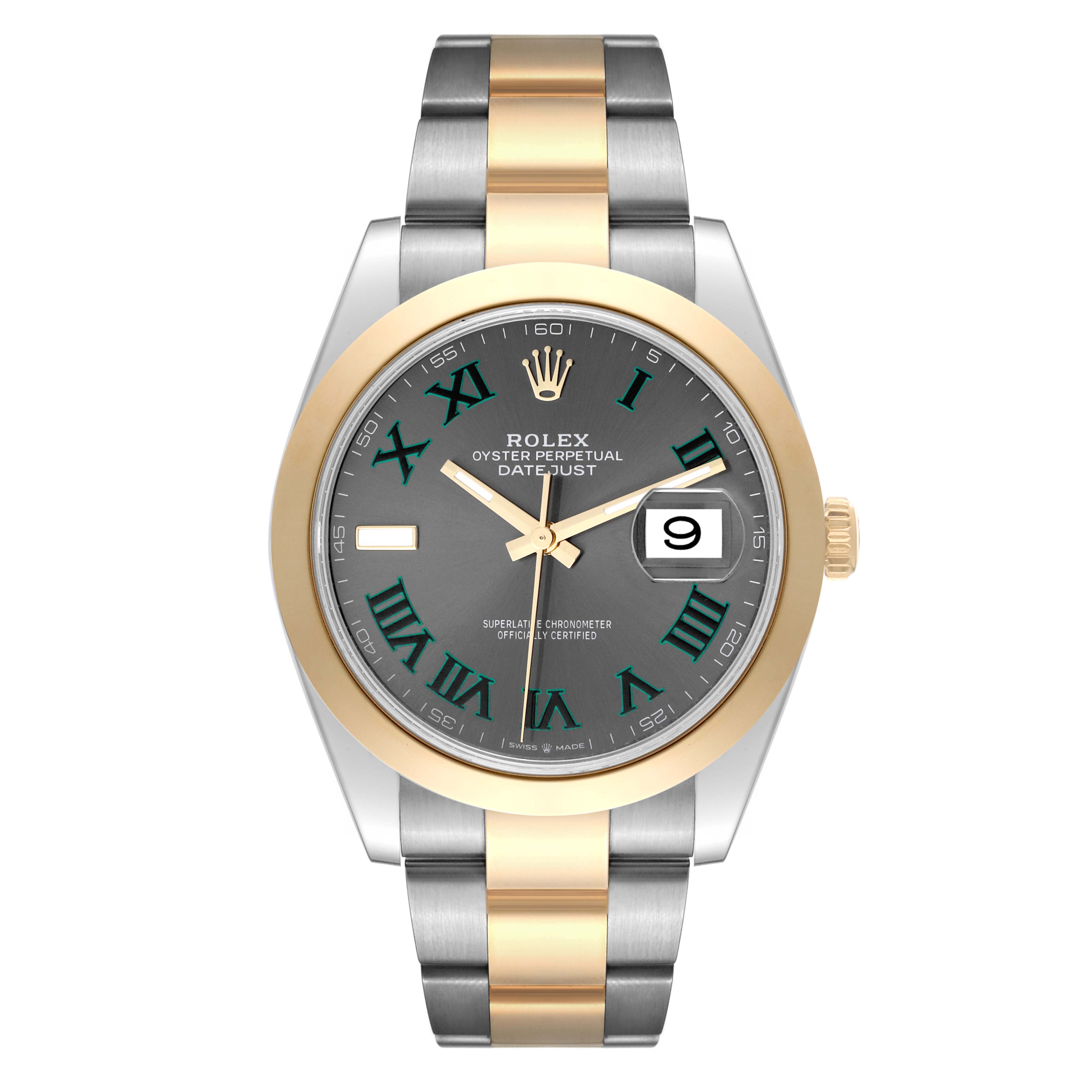 Front view of the Rolex Datejust 41 126303 Men's Steel and Gold (two tone) Grey Dial 126303 Men's Steel and Gold (two tone) Grey Dial watch, showing the face, bezel, bracelet, and clasp.