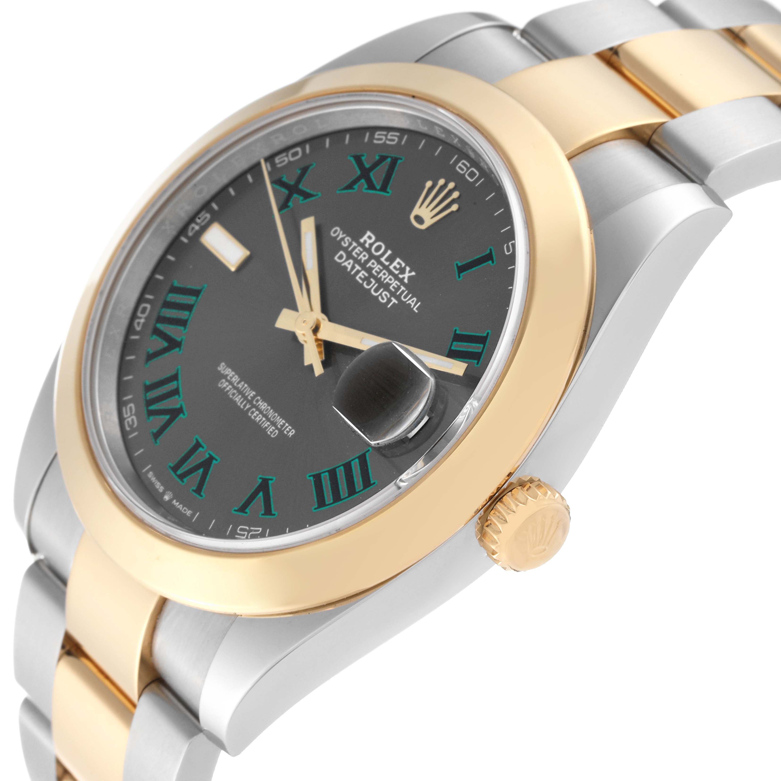 The image shows a close-up side angle of a Rolex Datejust 41 126303 Men's Steel and Gold (two tone) Grey Dial 126303 Men's Steel and Gold (two tone) Grey Dial watch, highlighting the dial, bezel, crown, and a portion of the bracelet.