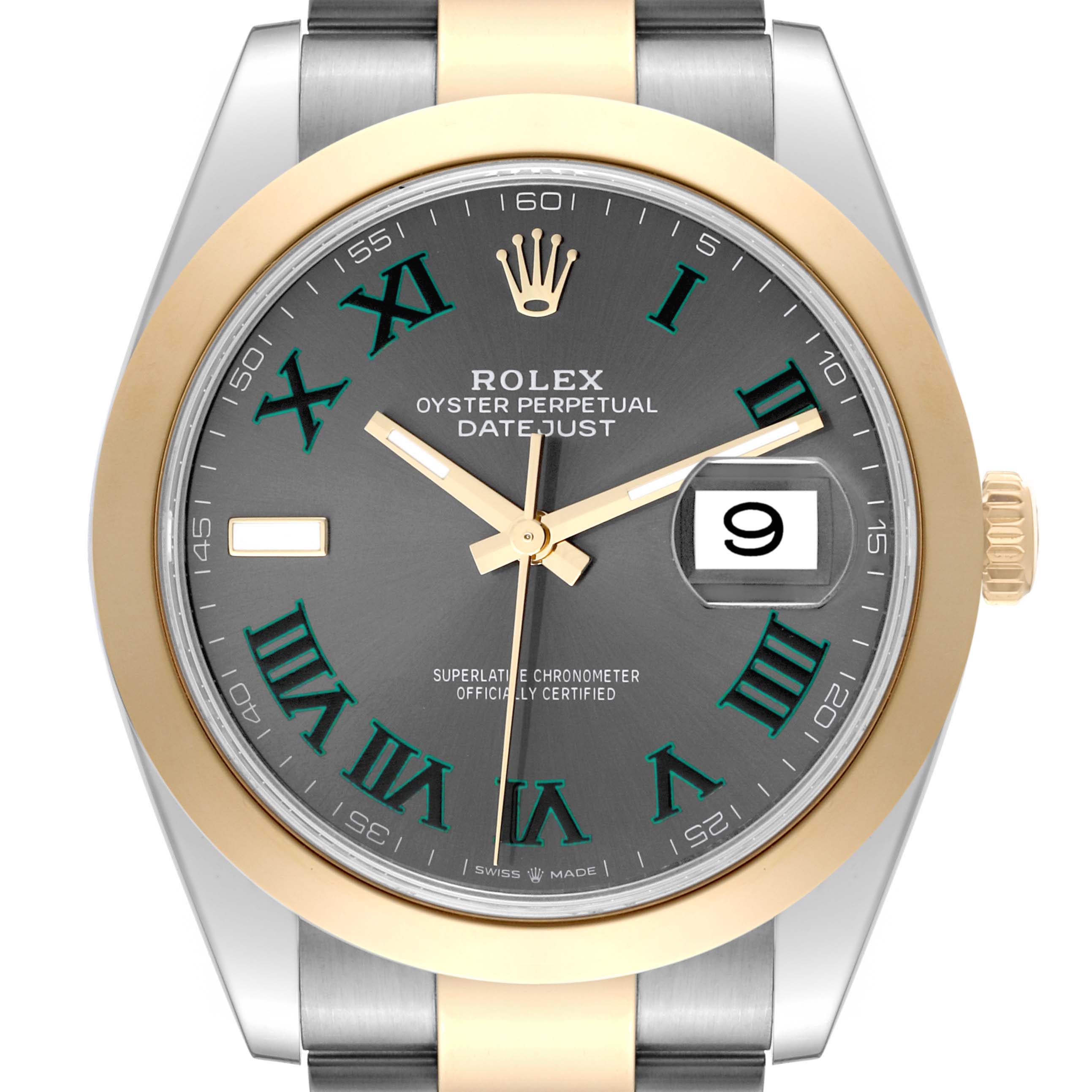 The image shows a Rolex Datejust 41 126303 Men's Steel and Gold (two tone) Grey Dial 126303 Men's Steel and Gold (two tone) Grey Dial watch with a clear frontal view of the dial, bezel, crown, and part of the bracelet.
