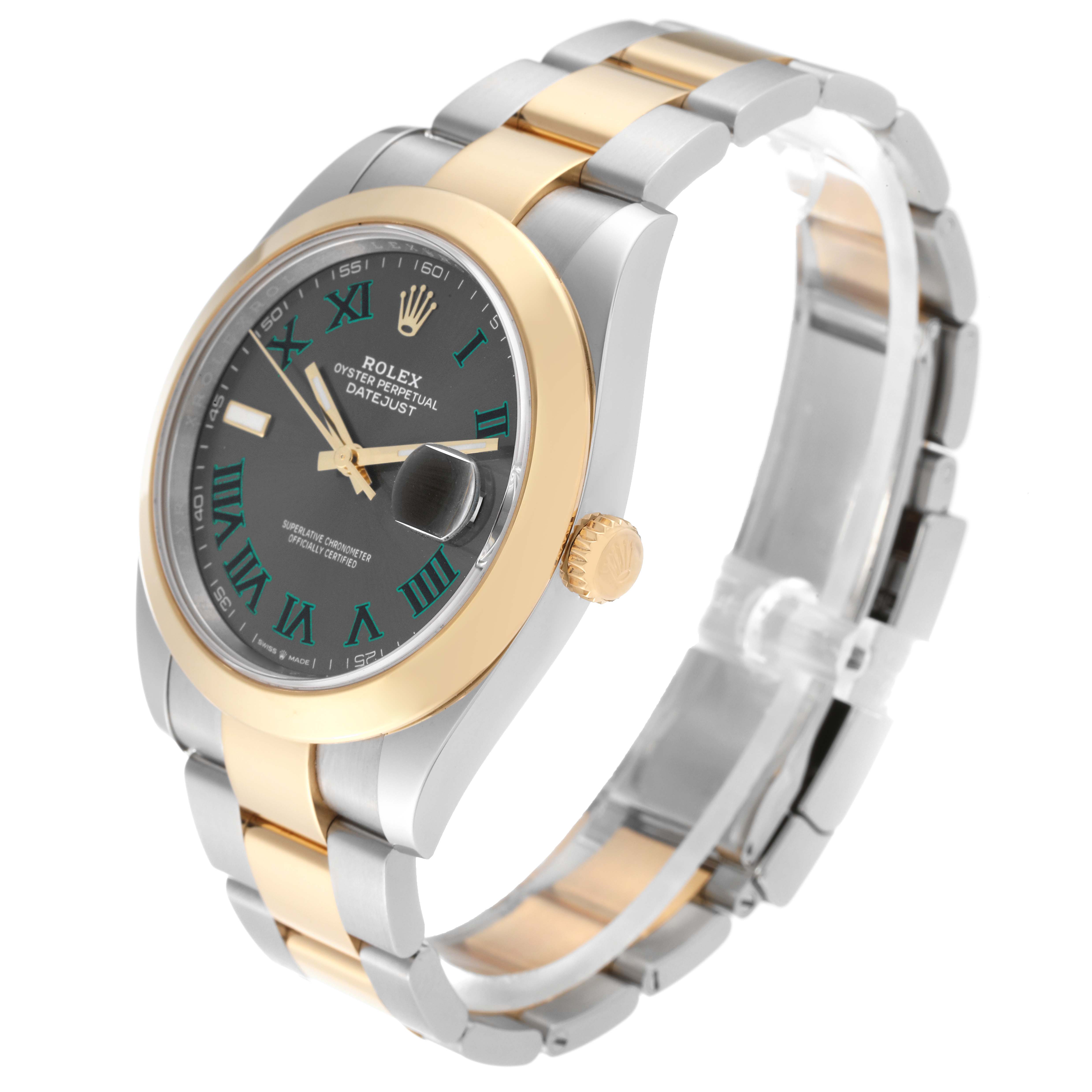 This image shows a Rolex Datejust 41 126303 Men's Steel and Gold (two tone) Grey Dial 126303 Men's Steel and Gold (two tone) Grey Dial watch at a three-quarter angle, featuring its bracelet, crown, and face.