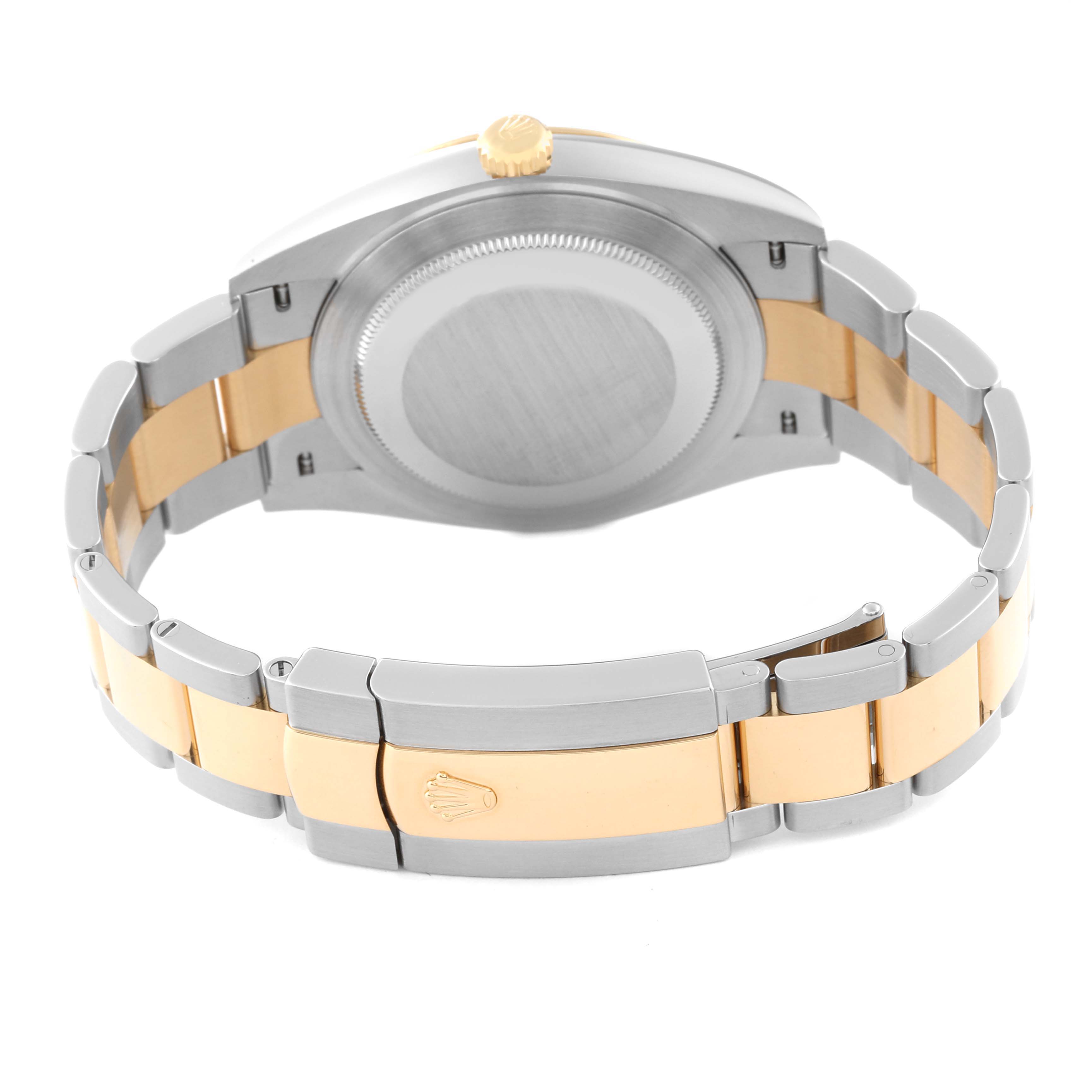 This image shows the back view of a Rolex Datejust 41 126303 Men's Steel and Gold (two tone) Grey Dial 126303 Men's Steel and Gold (two tone) Grey Dial watch, highlighting its two-tone metal bracelet and clasp.