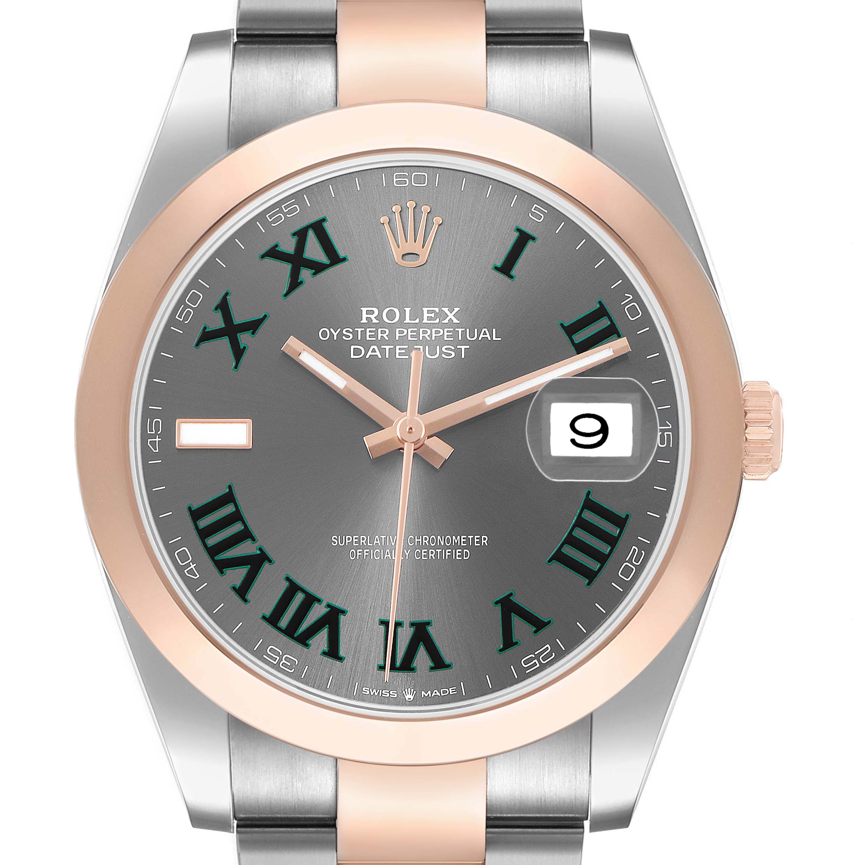 The Rolex Datejust 41 126301 Men's Steel and Gold (two tone) Grey Dial is shown from a top view, highlighting the dial, hands, date window, and part of the bracelet.