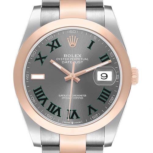 The Rolex Datejust 41 126301 Men's Steel and Gold (two tone) Grey Dial is shown straight-on, highlighting the dial, bezel, crown, and bracelet.