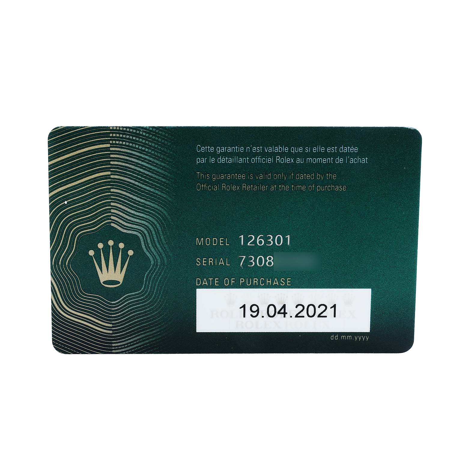 The image shows a warranty card for the Rolex Datejust 41 126301 Men's Steel and Gold (two tone) Grey Dial, displaying model and serial numbers with the date of purchase.