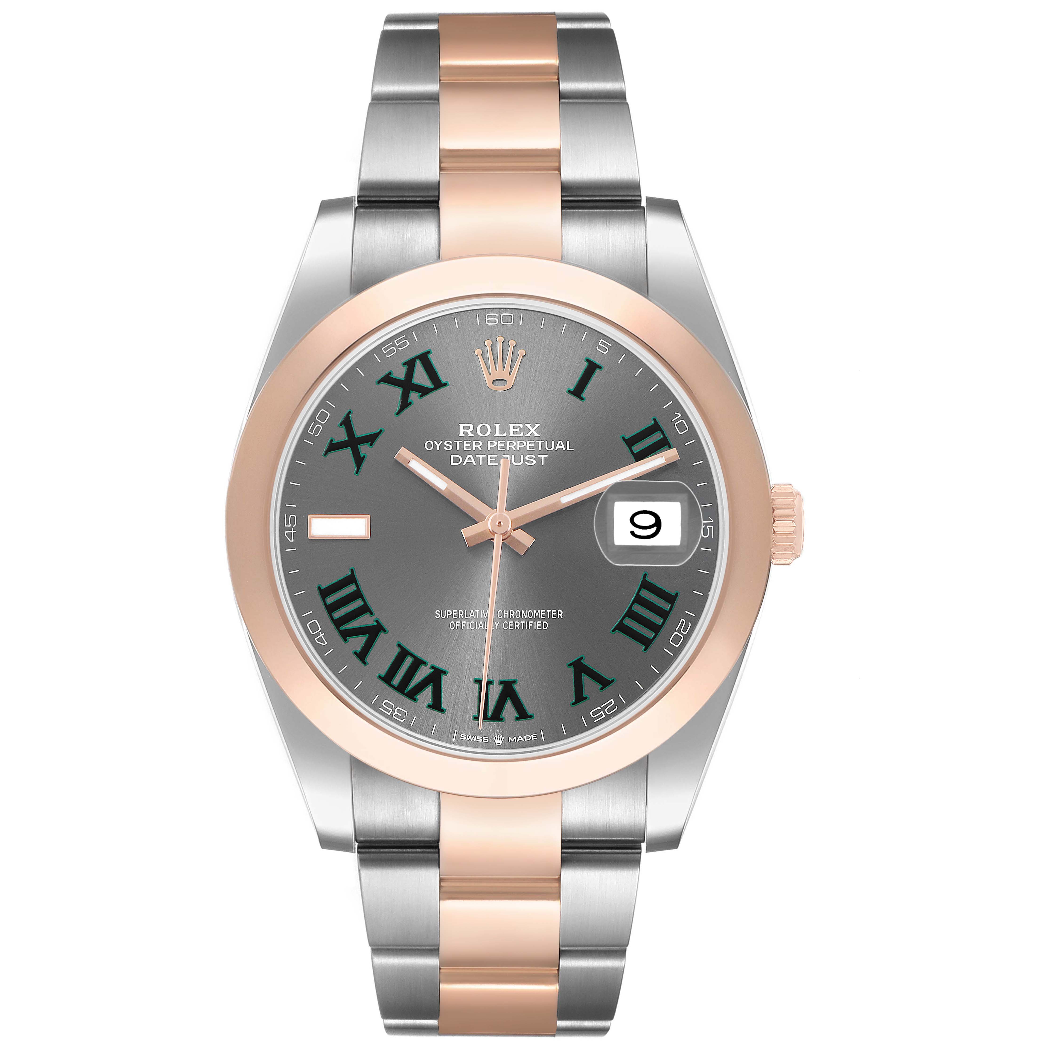 The Rolex Datejust 41 126301 Men's Steel and Gold (two tone) Grey Dial is shown from a front angle, highlighting its dial, bezel, and bracelet.