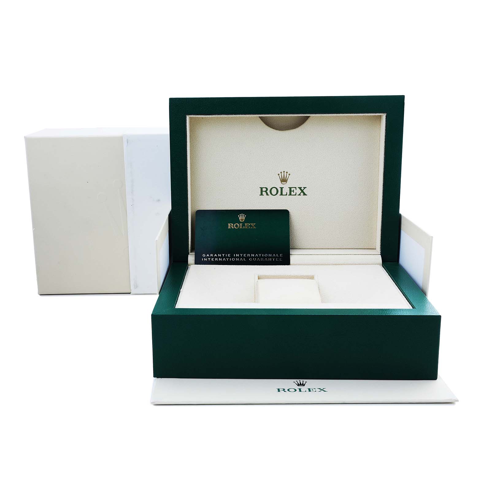 The image shows the open luxury box and certificate for the Rolex Datejust 41 126301 Men's Steel and Gold (two tone) Grey Dial model, displayed from the front.