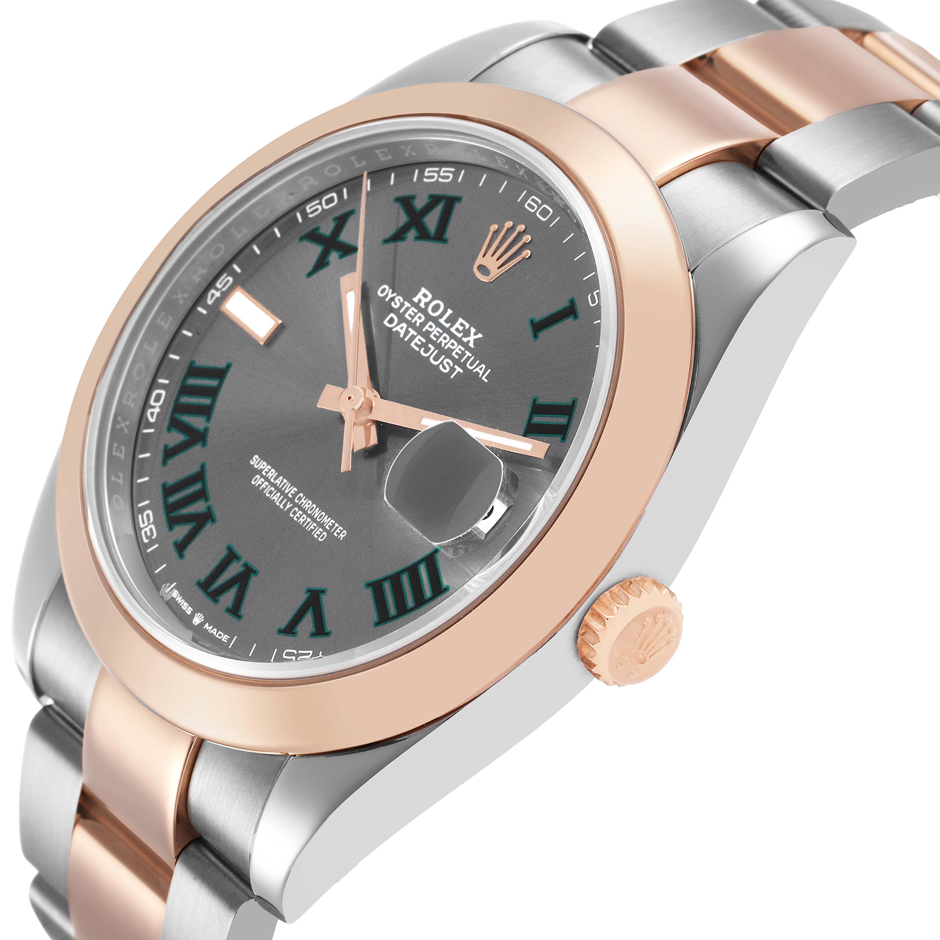 The image shows a Rolex Datejust 41 126301 Men's Steel and Gold (two tone) Grey Dial watch at an angled side view, highlighting the bezel, crown, case, dial, and bracelet.