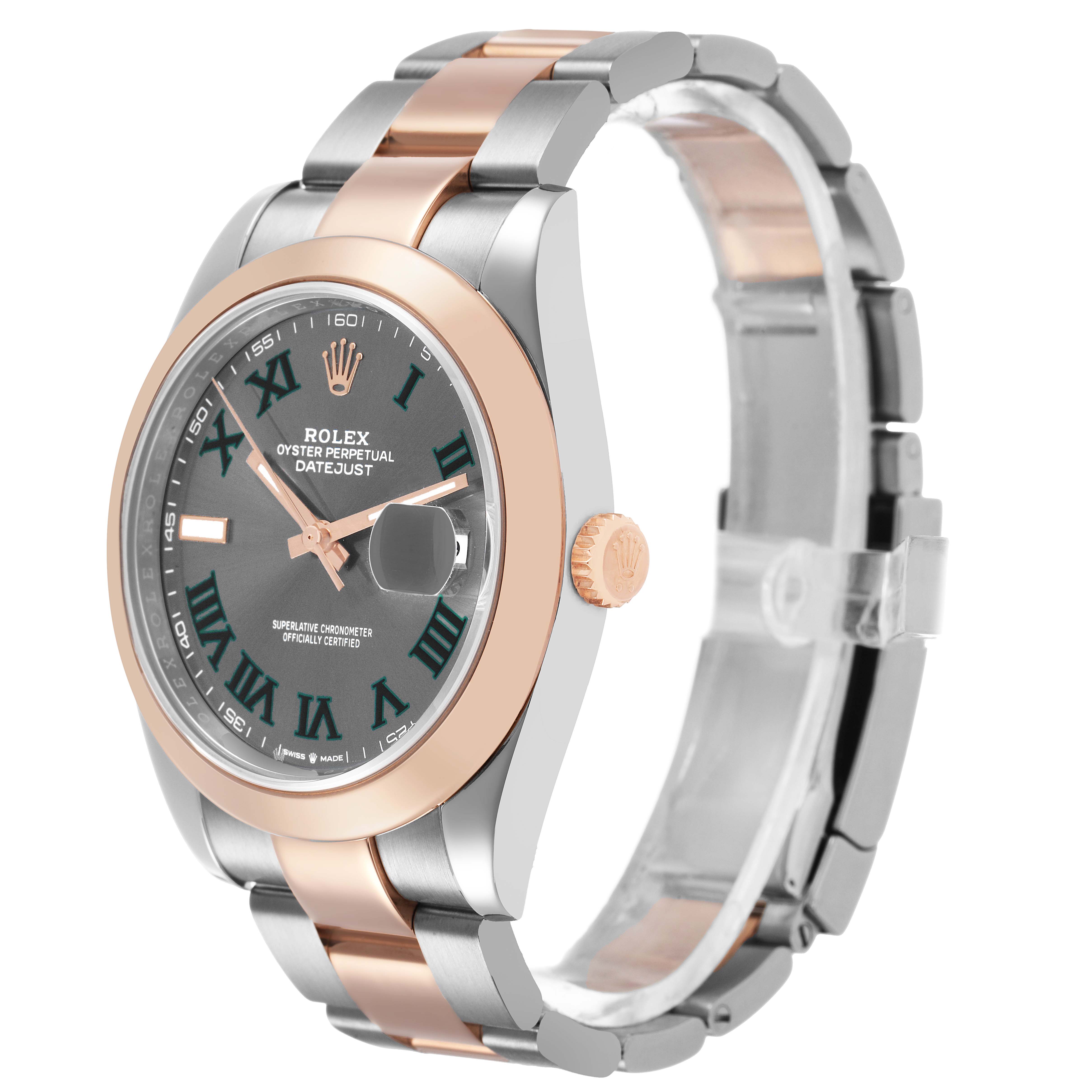 The Rolex Datejust 41 126301 Men's Steel and Gold (two tone) Grey Dial is shown at a three-quarter angle, highlighting the dial, bezel, crown, and bracelet.