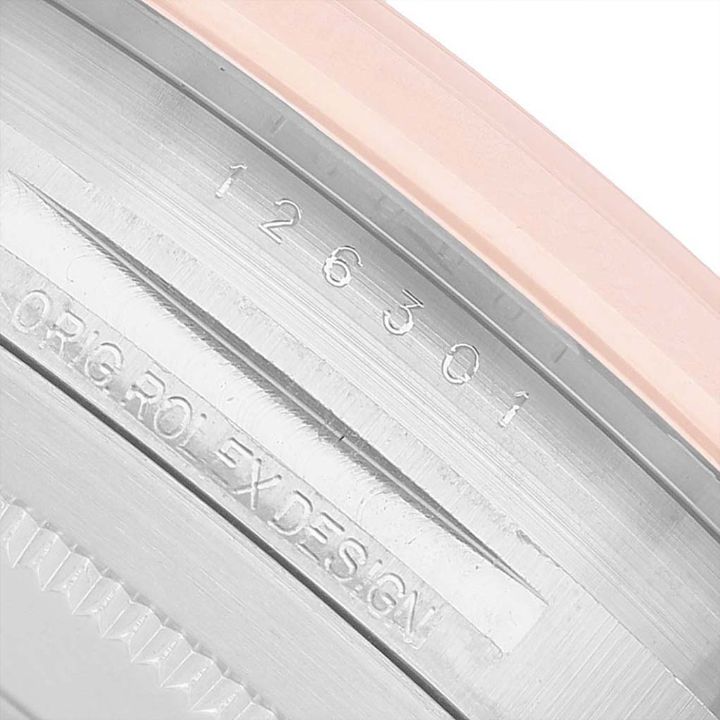 The image shows the engraved side of a Rolex Datejust 41 126301 Men's Steel and Gold (two tone) Grey Dial, highlighting its model number and "ORIG ROLEX DESIGN" inscription.