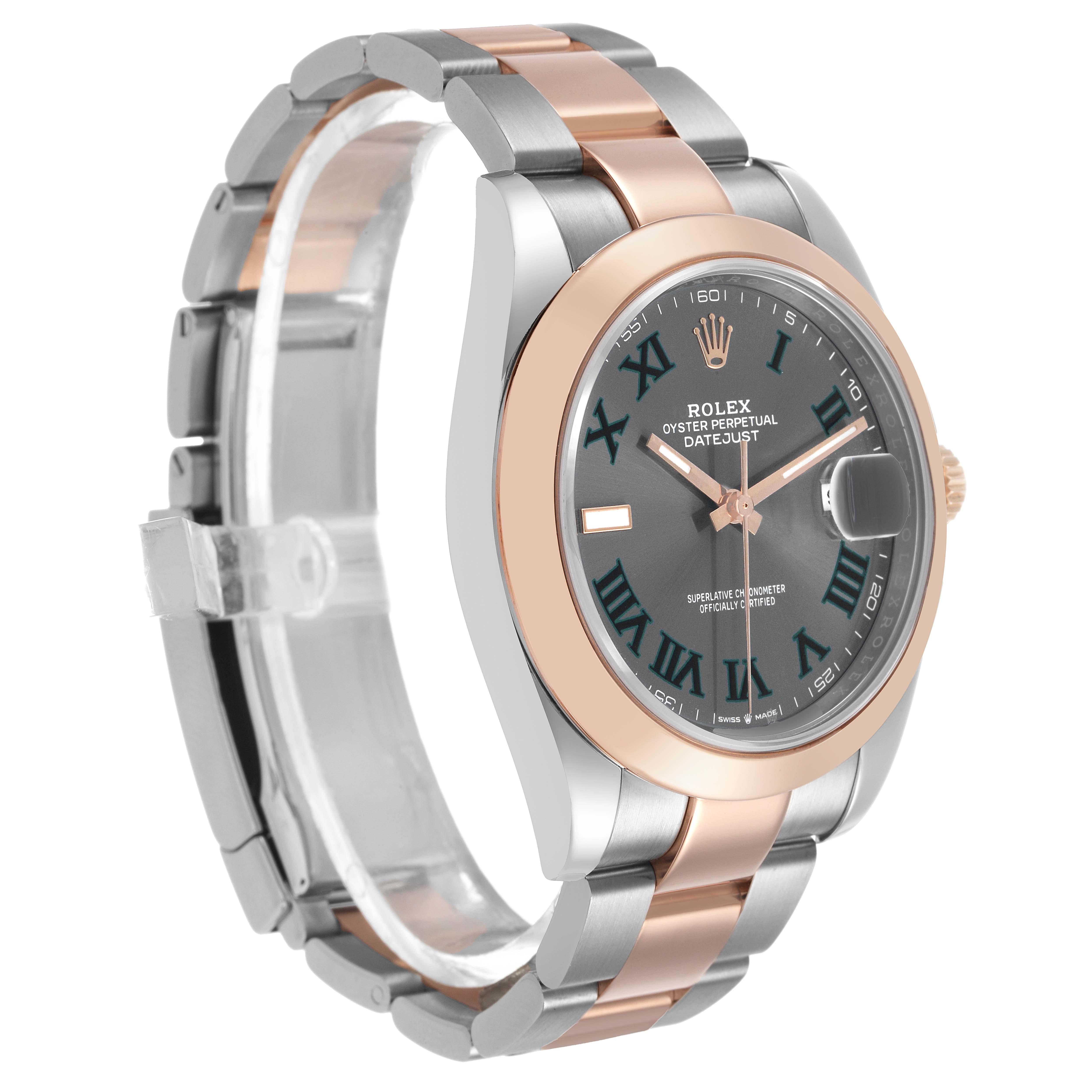 The Rolex Datejust 41 126301 Men's Steel and Gold (two tone) Grey Dial is shown at an angled view, displaying the dial, bezel, bracelet, and case prominently.