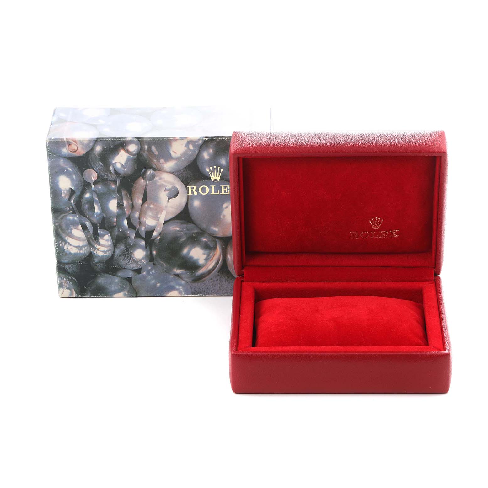 The image shows a Rolex Datejust 79173 Women's Steel and Gold (two tone) Champagne Dial 79173 Women's Steel and Gold (two tone) Champagne Dial box with its lid open, revealing a red interior and pillow, alongside an outer box.