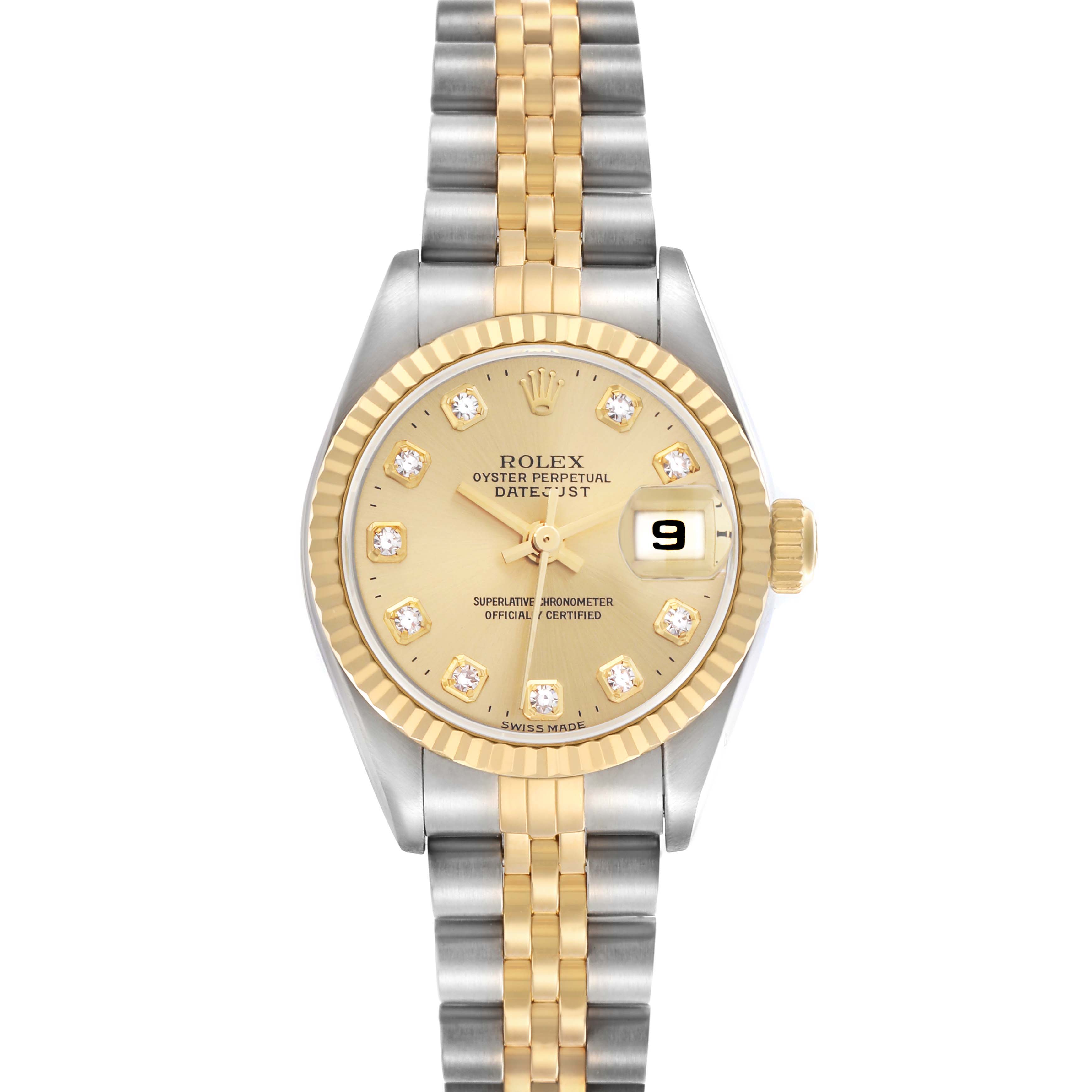 The Rolex Datejust 79173 Women's Steel and Gold (two tone) Champagne Dial 79173 Women's Steel and Gold (two tone) Champagne Dial watch is shown from a top-down angle, highlighting the dial, bezel, and bracelet.