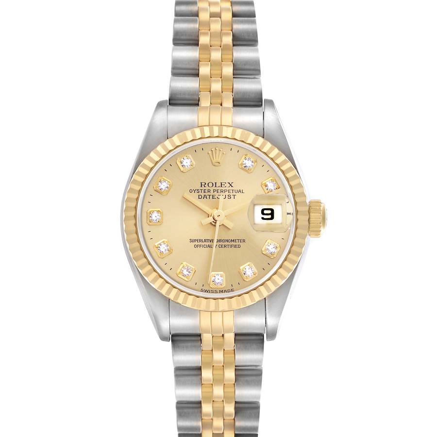 The Rolex Datejust watch is shown from a top-down angle, highlighting the dial, bezel, and bracelet.