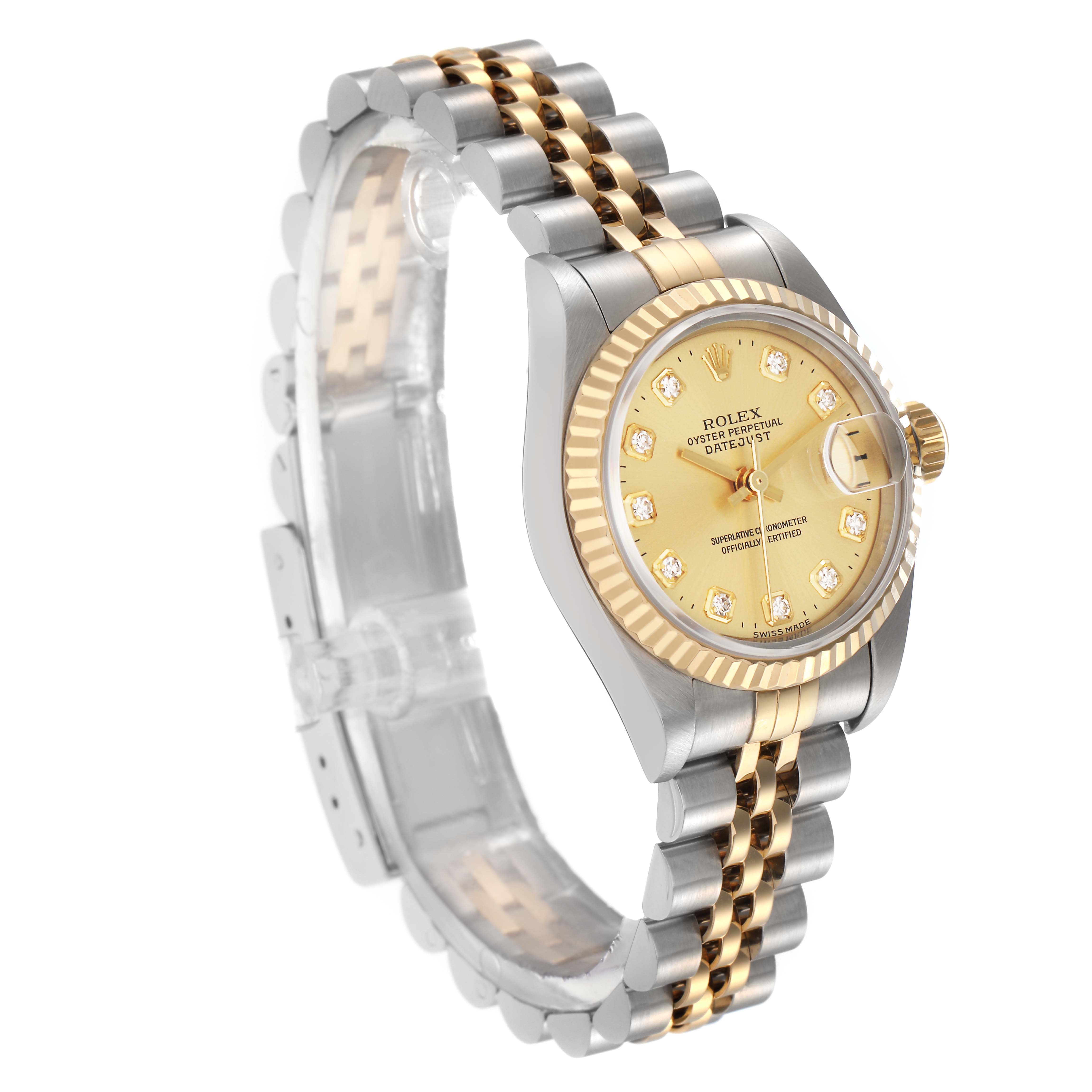 The Rolex Datejust 79173 Women's Steel and Gold (two tone) Champagne Dial 79173 Women's Steel and Gold (two tone) Champagne Dial watch is shown at a three-quarter angle, displaying its gold and silver bracelet, fluted bezel, and gold dial.