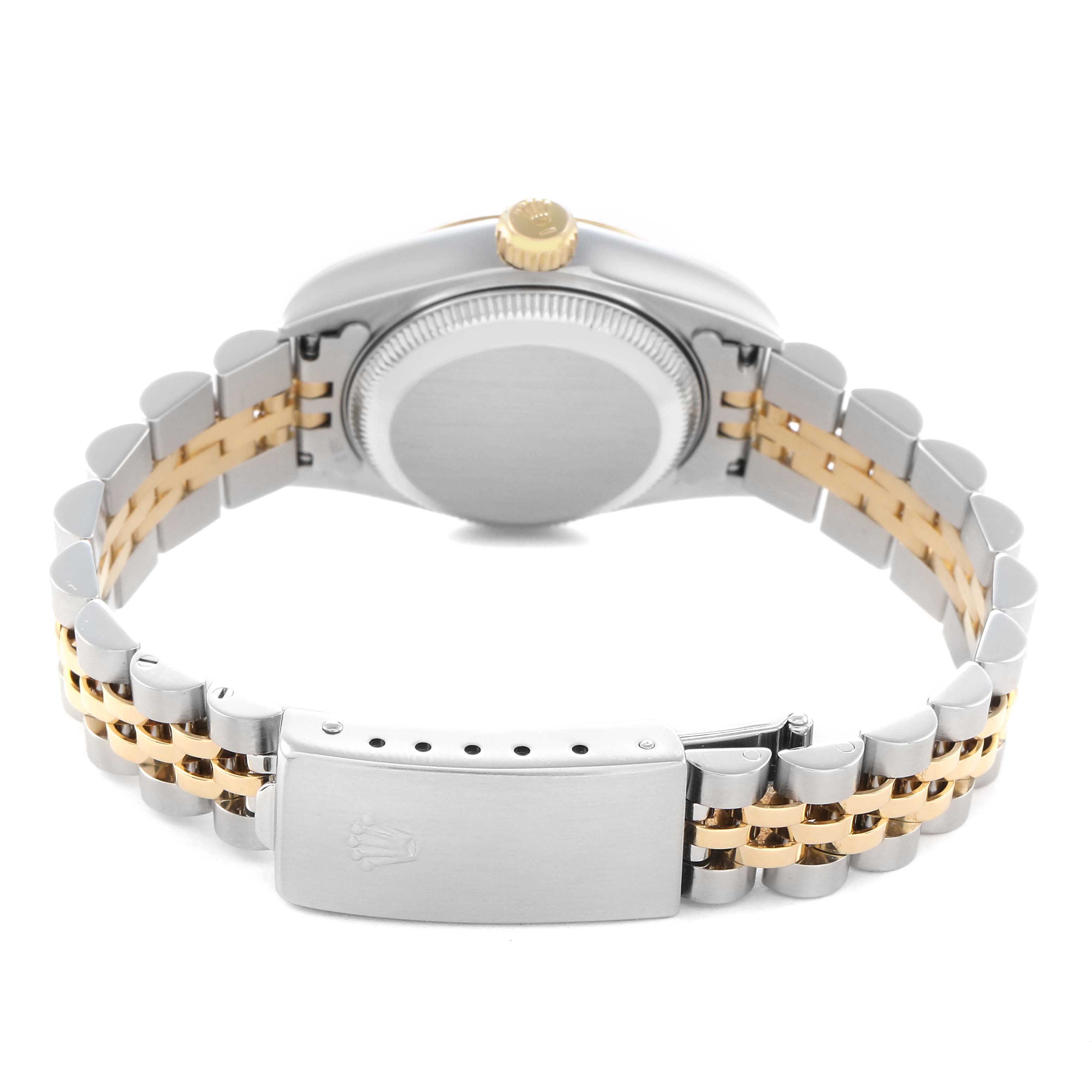 The image shows the back view of a Rolex Datejust 79173 Women's Steel and Gold (two tone) Champagne Dial 79173 Women's Steel and Gold (two tone) Champagne Dial watch, highlighting the clasp, bracelet, crown, and caseback.