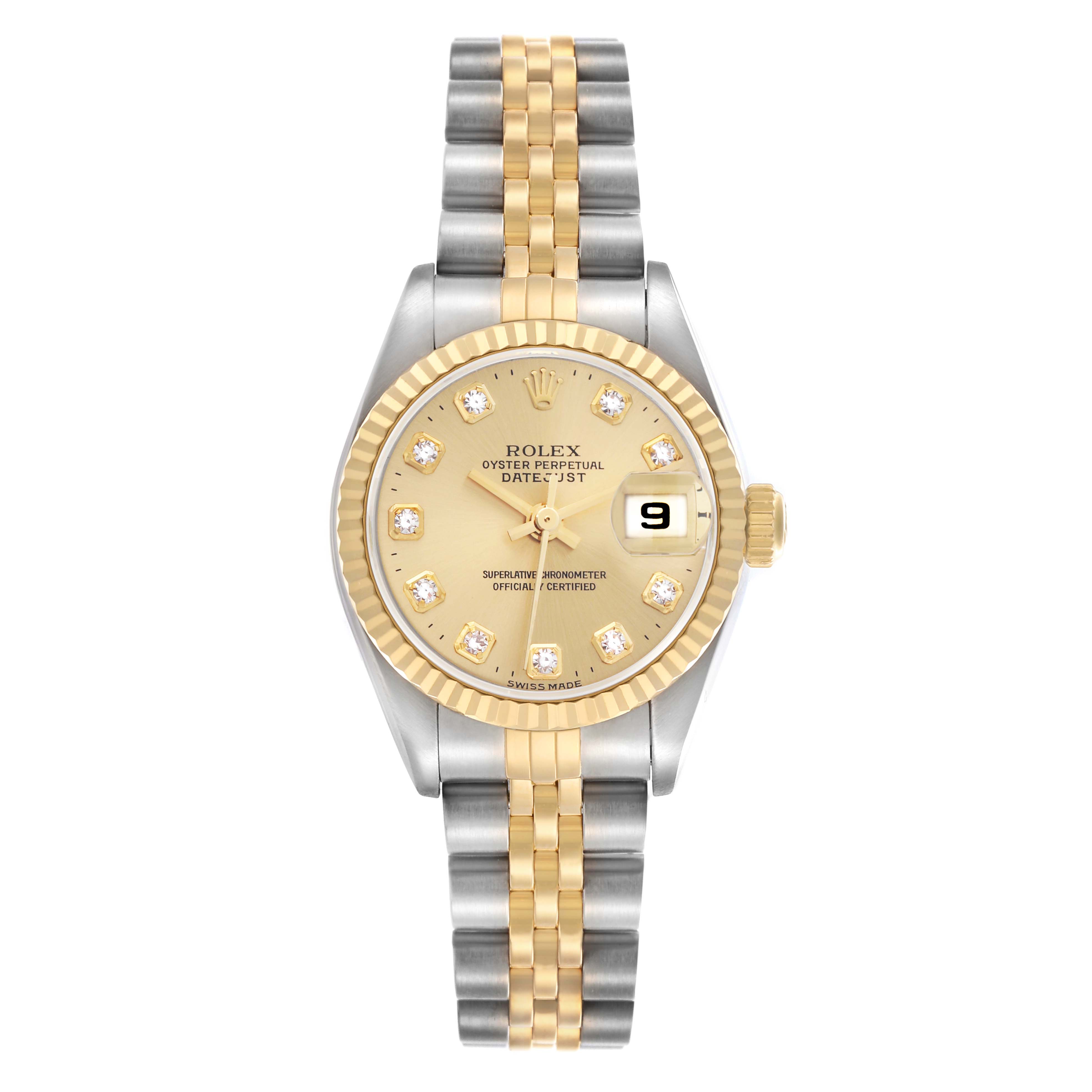 The Rolex Datejust 79173 Women's Steel and Gold (two tone) Champagne Dial 79173 Women's Steel and Gold (two tone) Champagne Dial watch is shown from a front view, displaying the dial, bezel, and bracelet.