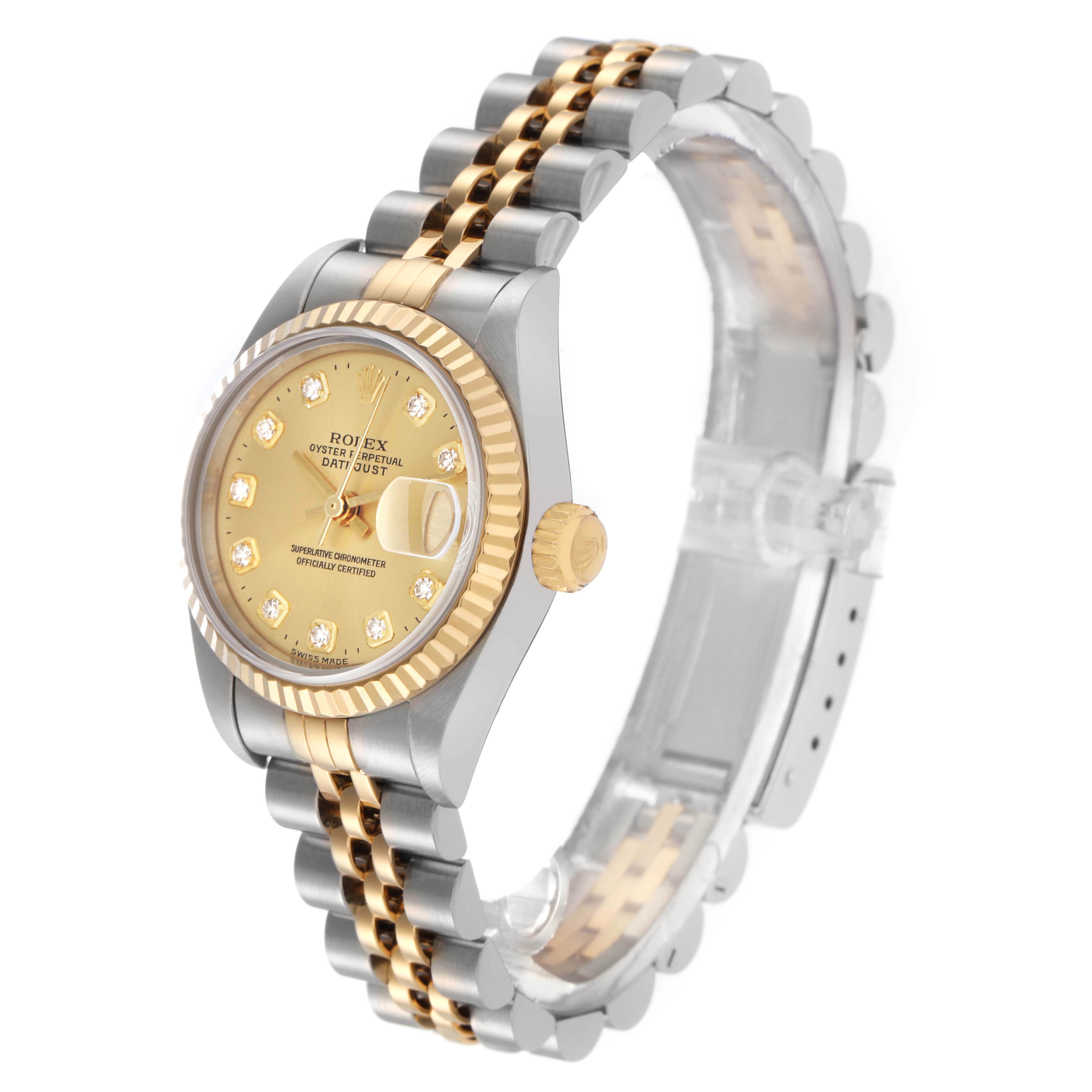 The Rolex Datejust 79173 Women's Steel and Gold (two tone) Champagne Dial 79173 Women's Steel and Gold (two tone) Champagne Dial watch is shown at an angled side view, highlighting the face, bezel, crown, and Jubilee bracelet.