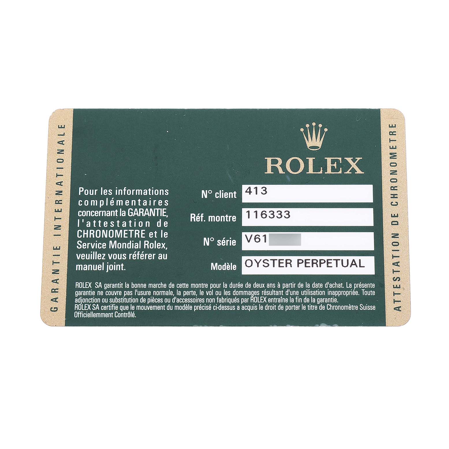 The image shows a Rolex Datejust 41 116333 Men's Steel and Gold (two tone) Black Dial model warranty card with serial and model details.