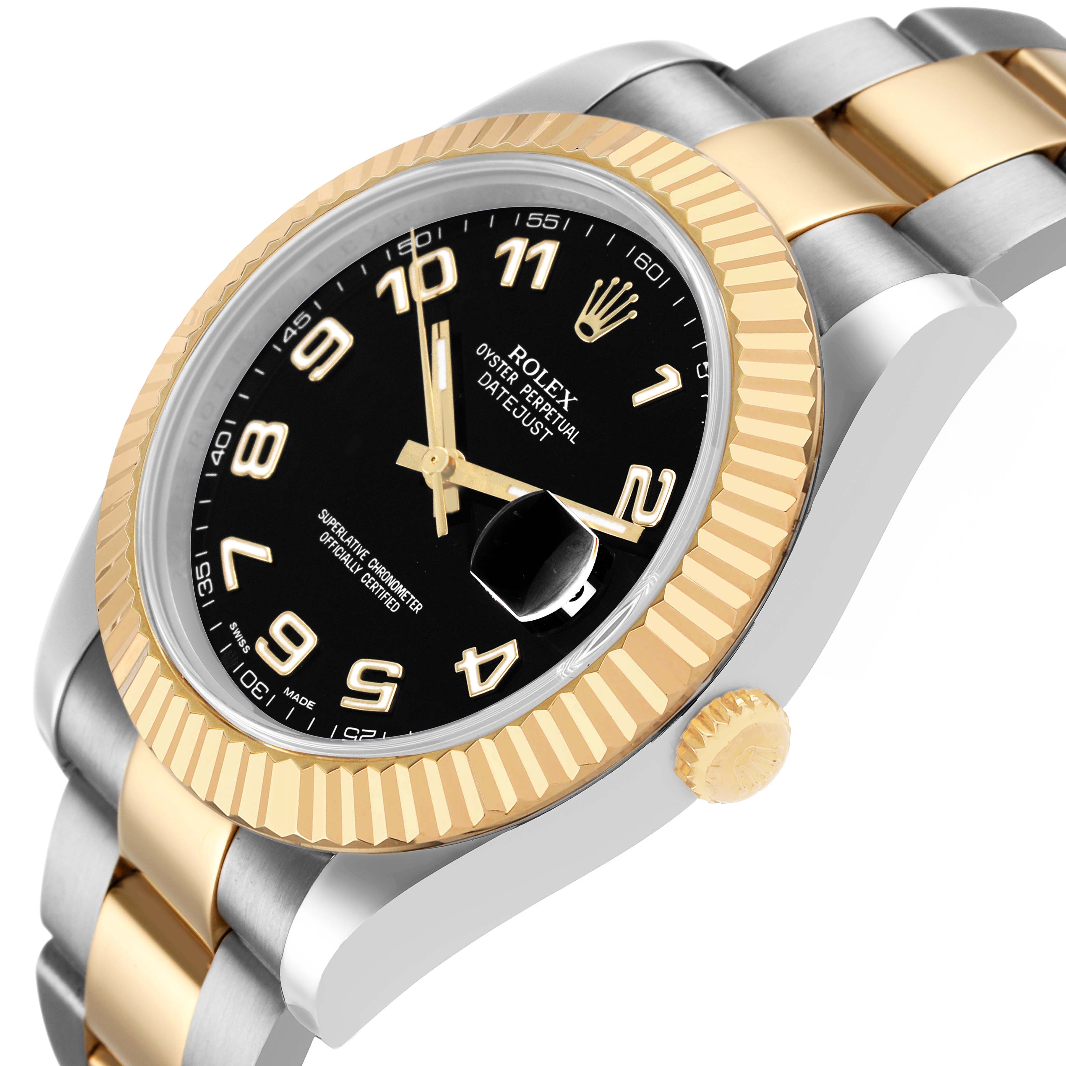 The Rolex Datejust 41 116333 Men's Steel and Gold (two tone) Black Dial is shown at a tilted angle, highlighting the gold bezel, crown, and two-tone bracelet.