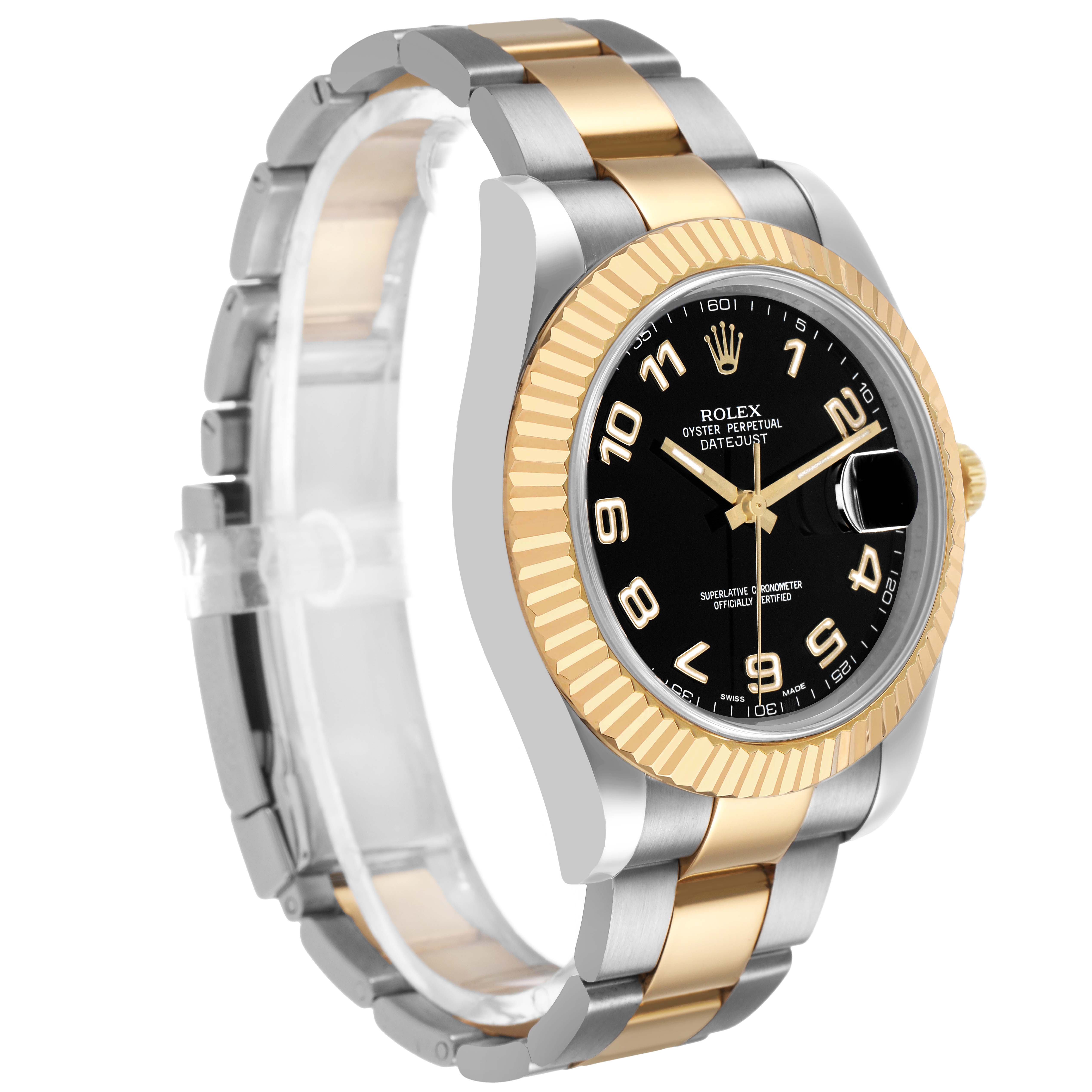 The Rolex Datejust 41 116333 Men's Steel and Gold (two tone) Black Dial is shown at a slight angle, highlighting its two-tone bracelet, fluted bezel, and black dial.