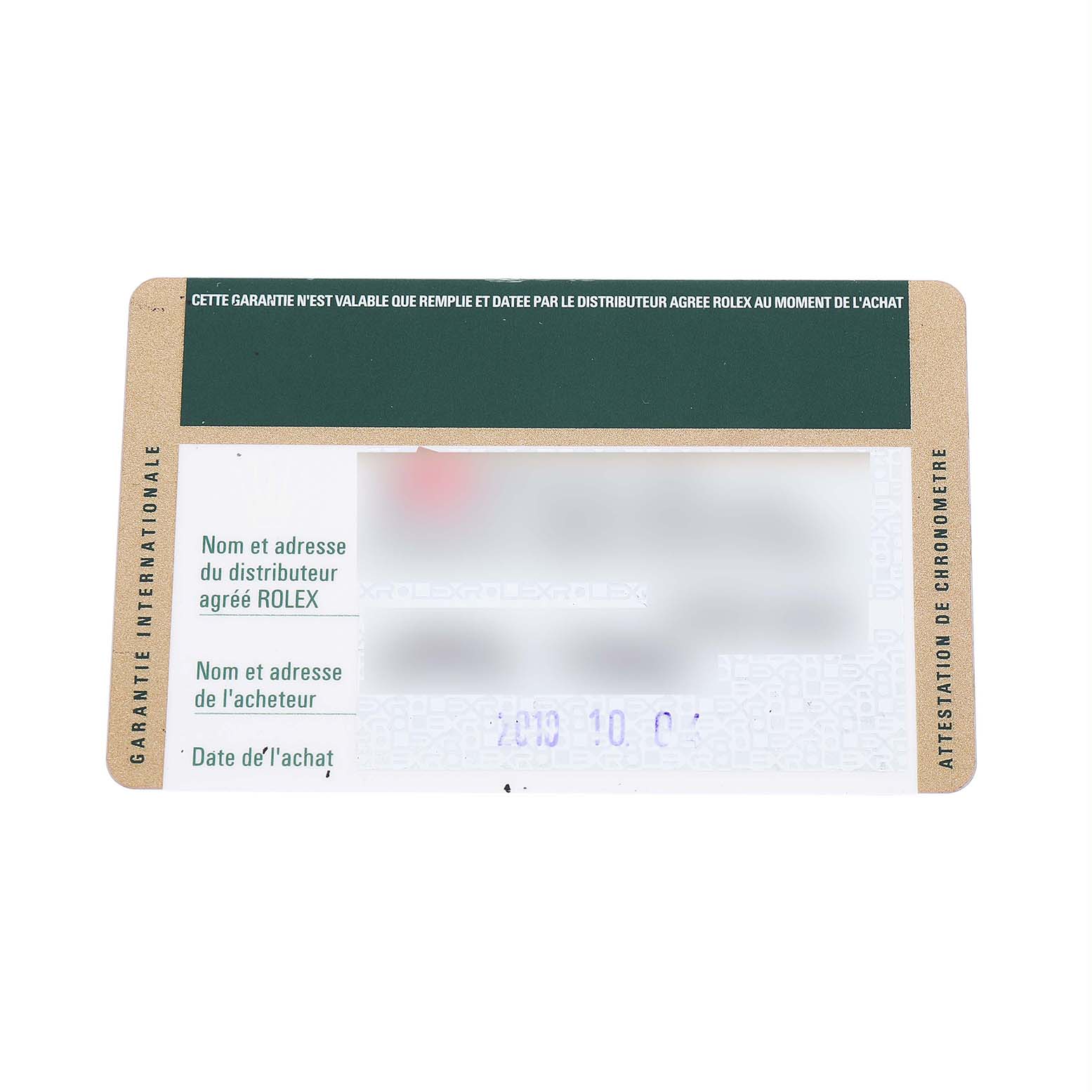 The image shows a warranty card for the Rolex Datejust 41 116333 Men's Steel and Gold (two tone) Black Dial, with text labels and a green and gold design.