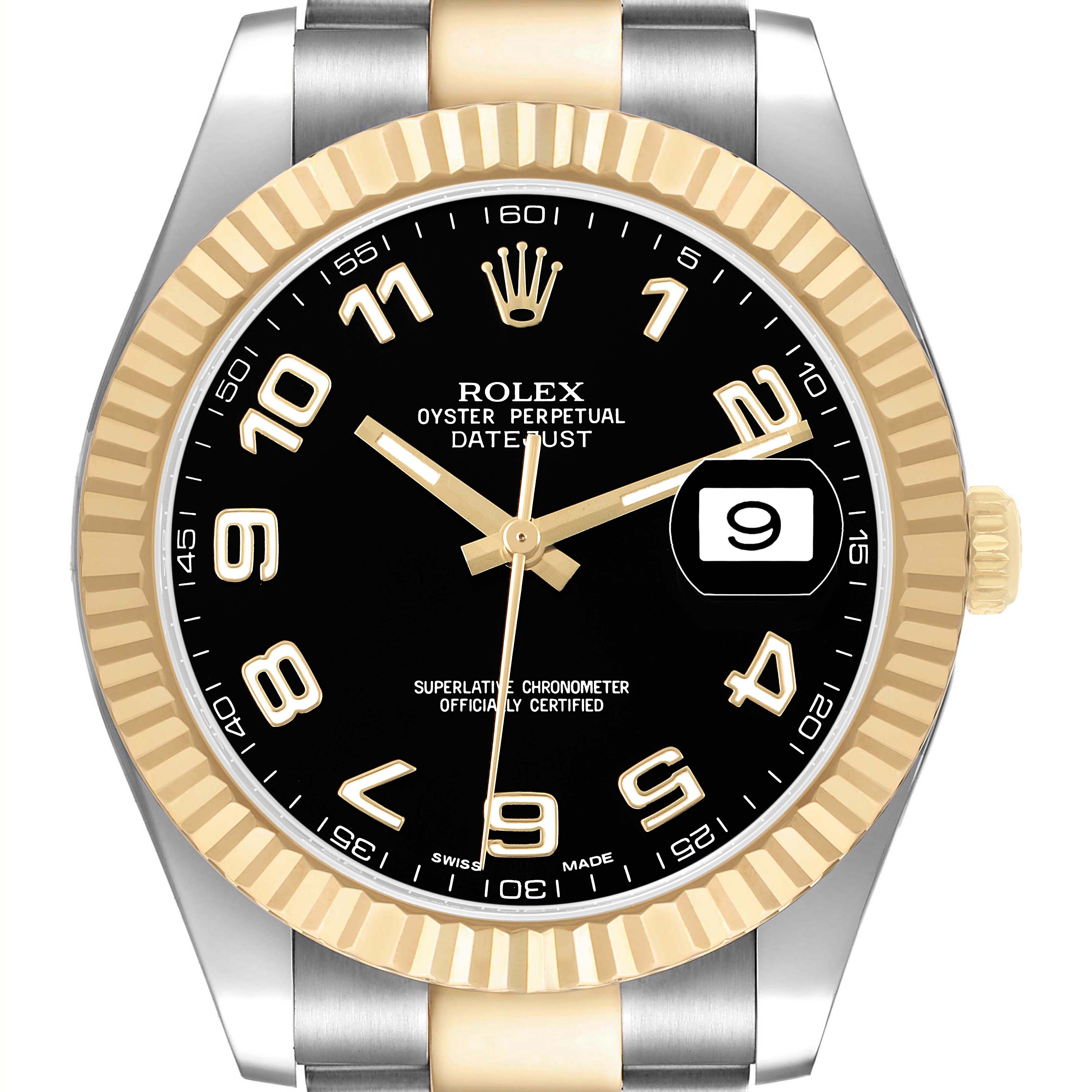 The Rolex Datejust 41 116333 Men's Steel and Gold (two tone) Black Dial watch is shown from a front angle displaying the dial, hands, fluted bezel, and part of the bracelet.