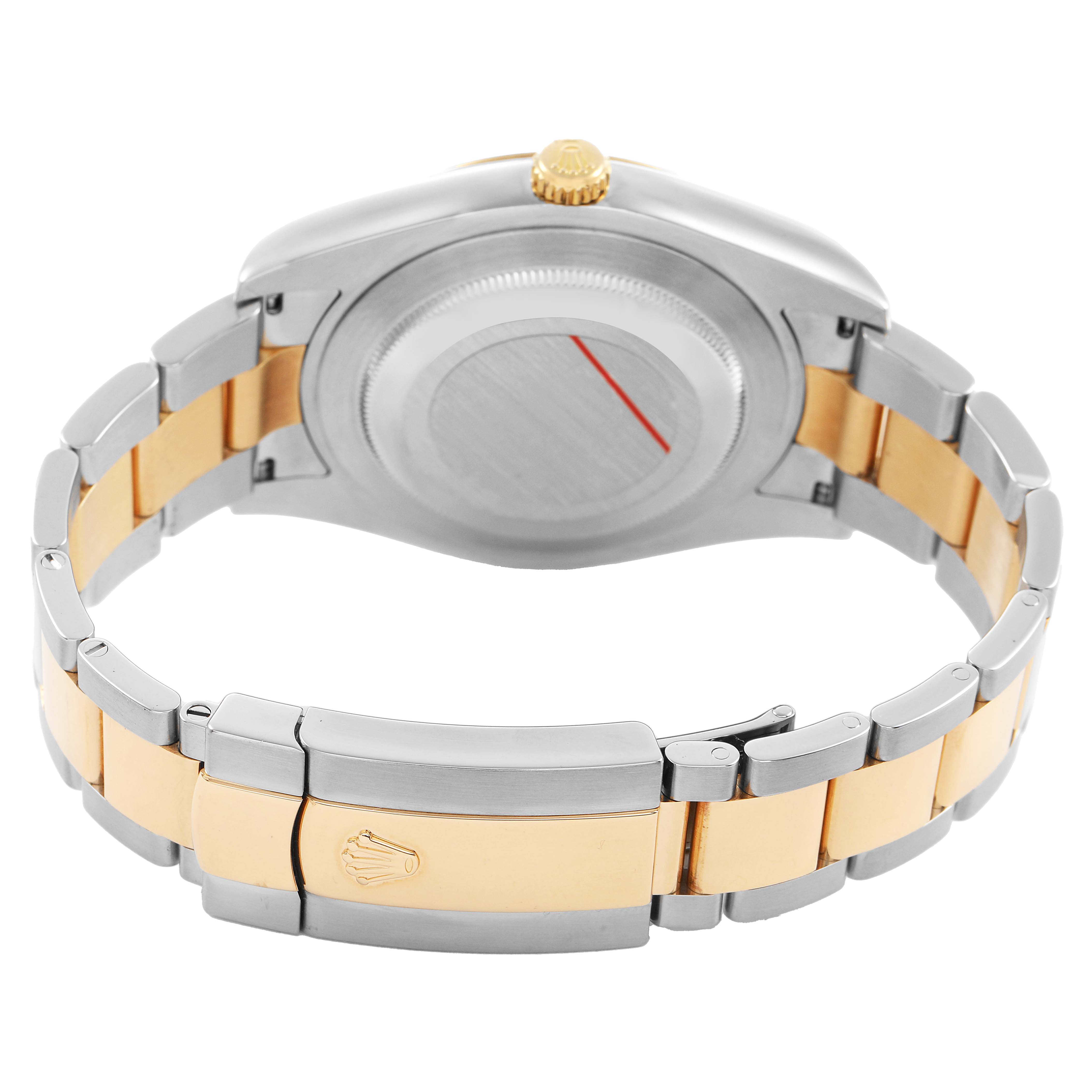 The image shows the back view of the Rolex Datejust 41 116333 Men's Steel and Gold (two tone) Black Dial watch, highlighting the bracelet and clasp.
